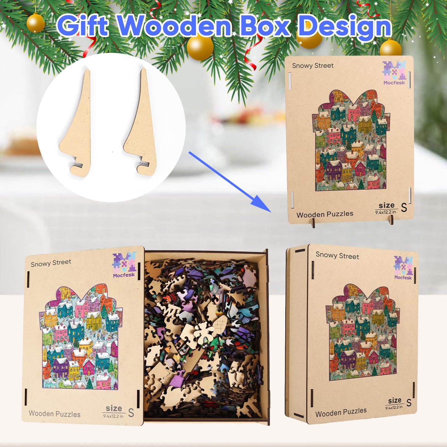 Mocfesk Winter Wooden Puzzles for Adults and Kids, 205 Pieces Holiday Snow Building Jigsaw Puzzles, Unique Shaped Christmas Wood Puzzles Gifts for Grandkids, Family Game Home Decor 9.4'' x 12.2''