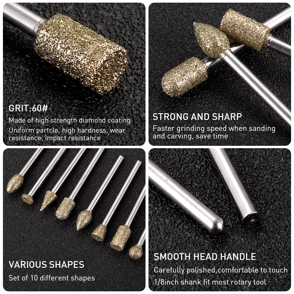Diamond Grinding Burr Bit Set,20Pcs Rotary Tool Accessories Stone Carving Set with 1/8 inch Shank for Stone Ceramic Glass Carving, Grinding, Polishing, Engraving, Sanding