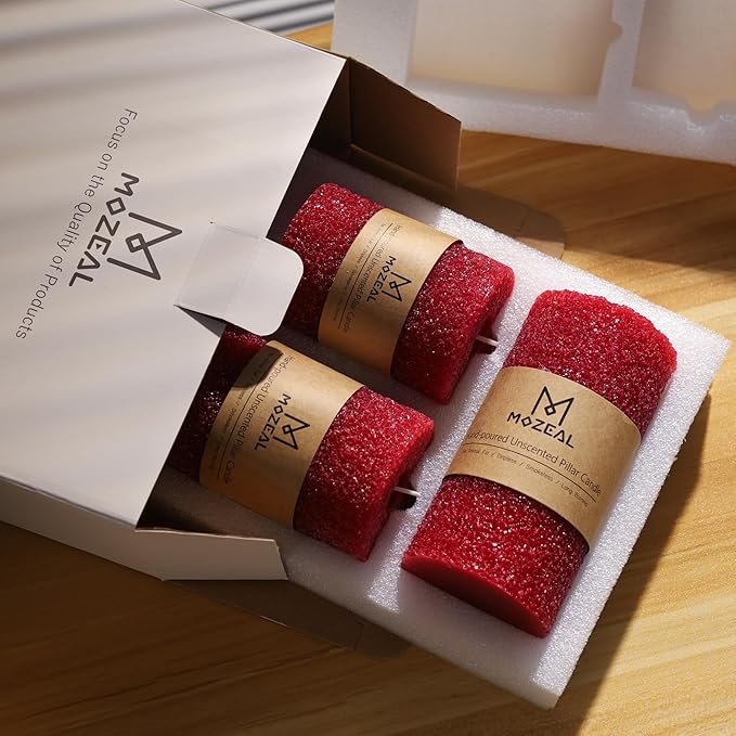 MOZEAL Hand-Poured Granular Texture Decorative Dark Red Pillar Candles Set of 3 (3"x4", 5", 6"), Approx 300 Hours Burn Time Dripless, Long Lasting,Unscented, Smokeless, for Christmas Decor