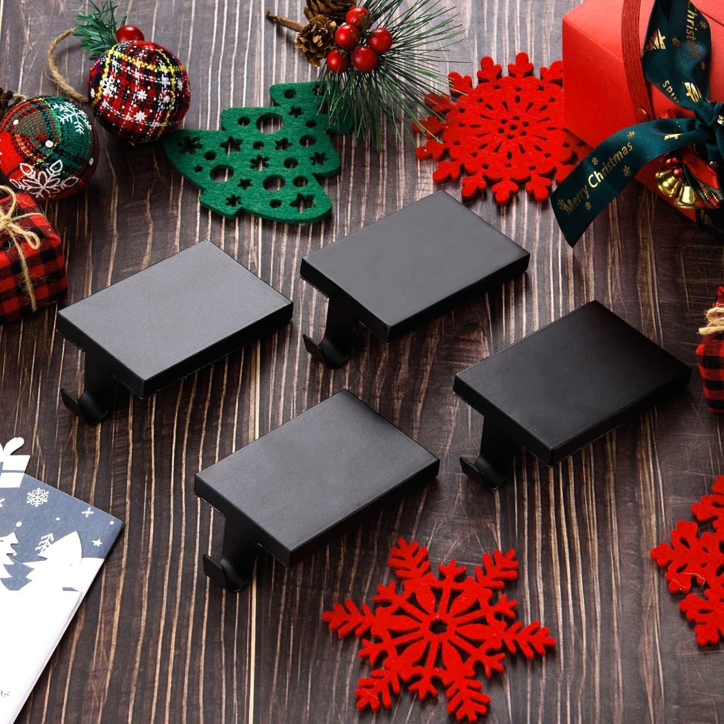 ARCHCRTC 4 Pcs Christmas Stocking Holders Hanging Hooks Heavy Duty Mantel Stocking Holder Bases Weighted Metal Stocking Hangers for Shelf Fireplace Stair Xmas Party Decor (4, Black)