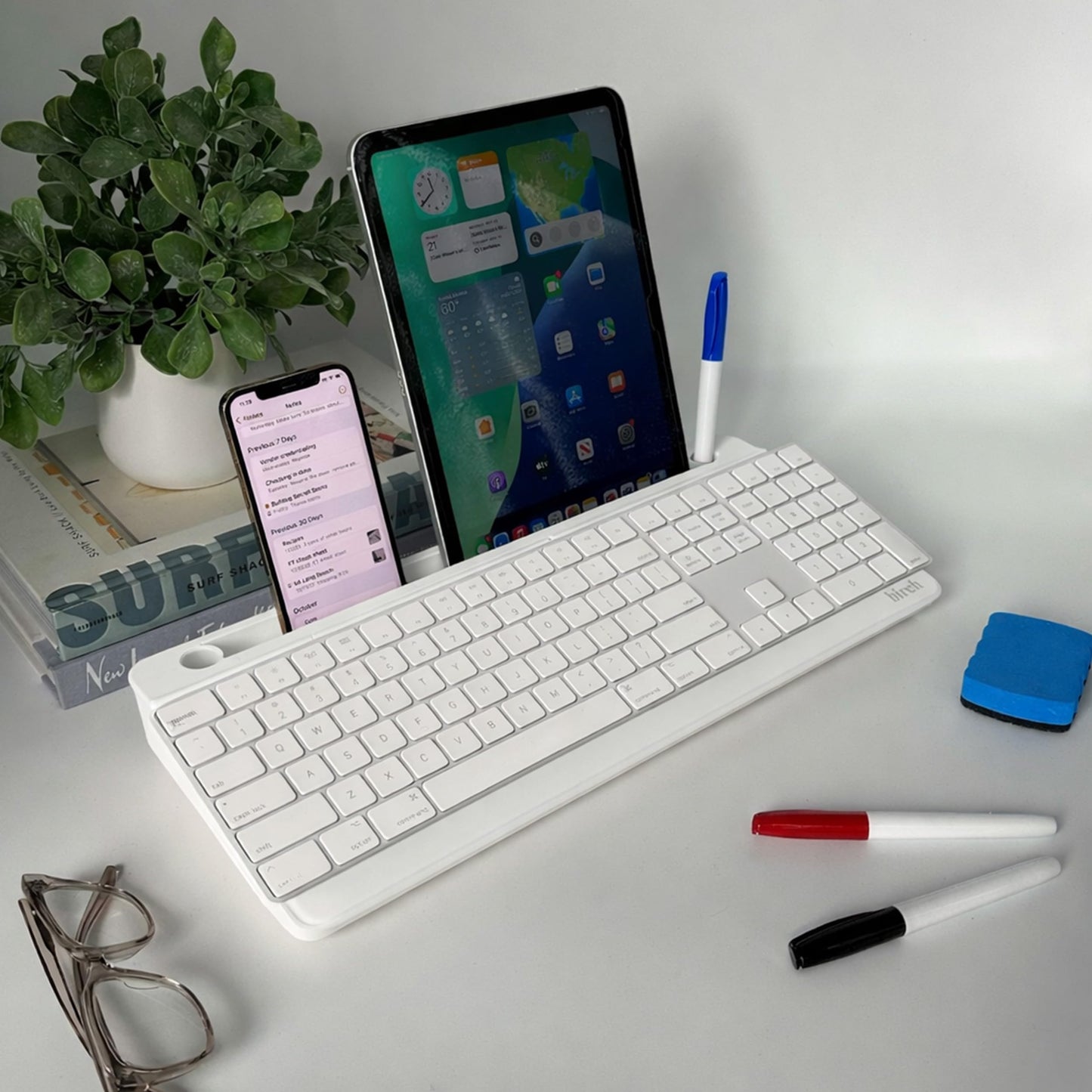 Birch Small Desktop Glass Whiteboard & Magnetic Calendar – Dry Erase Desk Pad Keyboard Stand with Storage, Adjustable Dividers, 3 Markers & Eraser – Office, Home & School (Cloud)