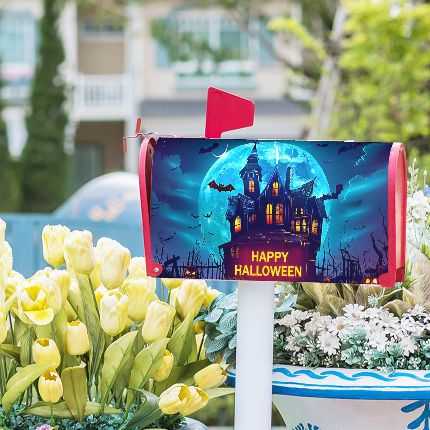 Happy Halloween Mailbox Covers Magnetic Scary Night Haunted House Waterproof Mail Box Wraps Large Size 25.5x21 Inch Full Moon Bats Decorative Blue Letter Box Cover for Home Garden Yard Outside