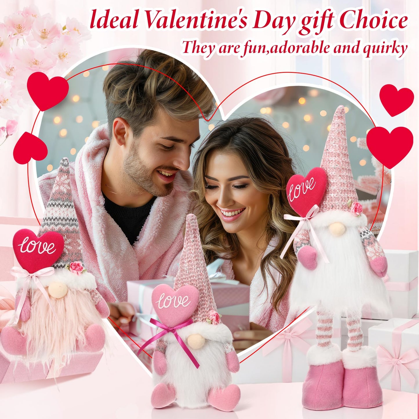 Sumind 3 Pcs Valentines Day Gnome Decorations Valentines Gnome Plush with Hearts Pink Handmade Gifts with Long Legs Table Tired Tray Decor Romantic Date Engagement Gift for Her Him