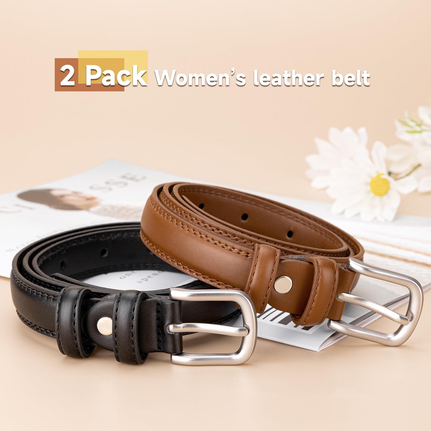 Alphyly Neries 2 Pack Leather Belts for Women Trendy, Women's Belts for Jeans Pants Dresses with Silver Buckle, Black and Brown, Fits Waist Size 26-31”