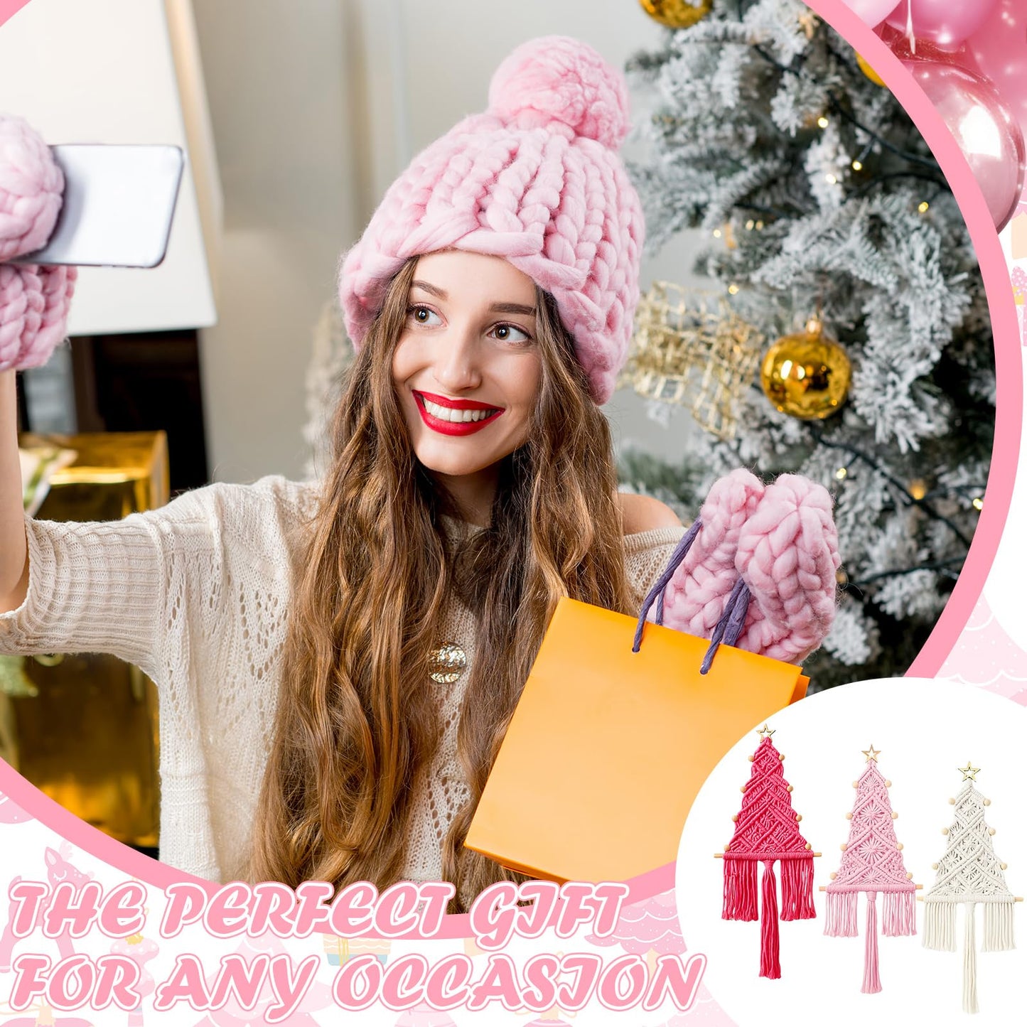 HunnmingRe 3 Pcs Large Macrame Christmas Tree Macrame Christmas Wall Decoration Hanging Ornaments Boho Wall Decor for Party Supplies (Beige,Light Pink and Dark Pink)