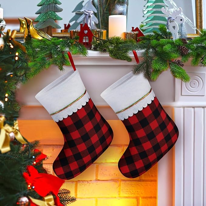 URATOT 12 Pack 15 Inches Christmas Stockings Red and Black Plaid Pattern Felt Christmas Holiday Stockings Christmas Tree Hanging Ornaments Xmas Fireplace Decoration Set