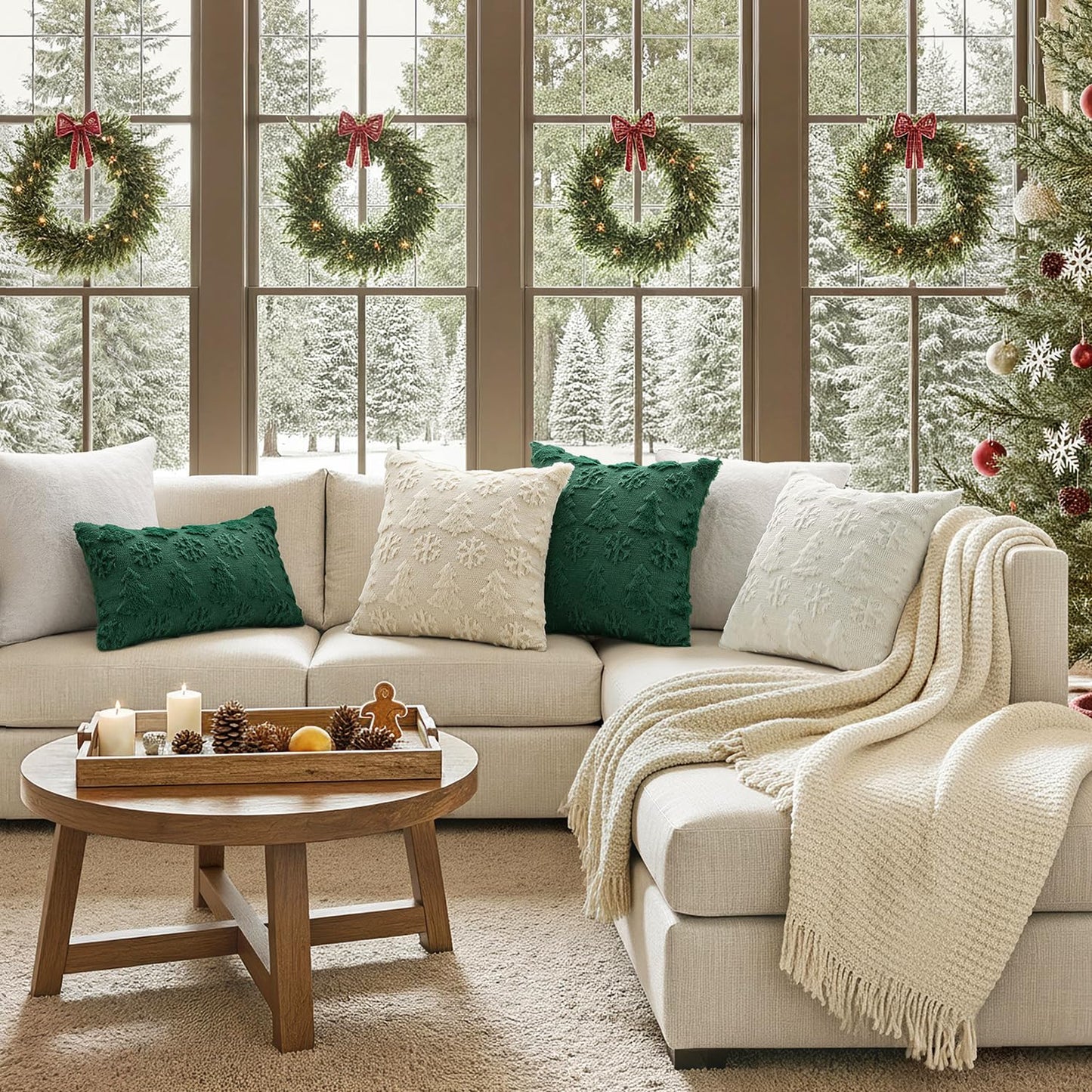 MIULEE Christmas Throw Pillow Covers 18x18 Set of 2 Christmas Decorations Dark Green Soft Plush Faux Fur Wool Xmas Tree Snowflakes Pillowcases Holiday Festivals Winter Home Decor Sofa Couch Bed Porch
