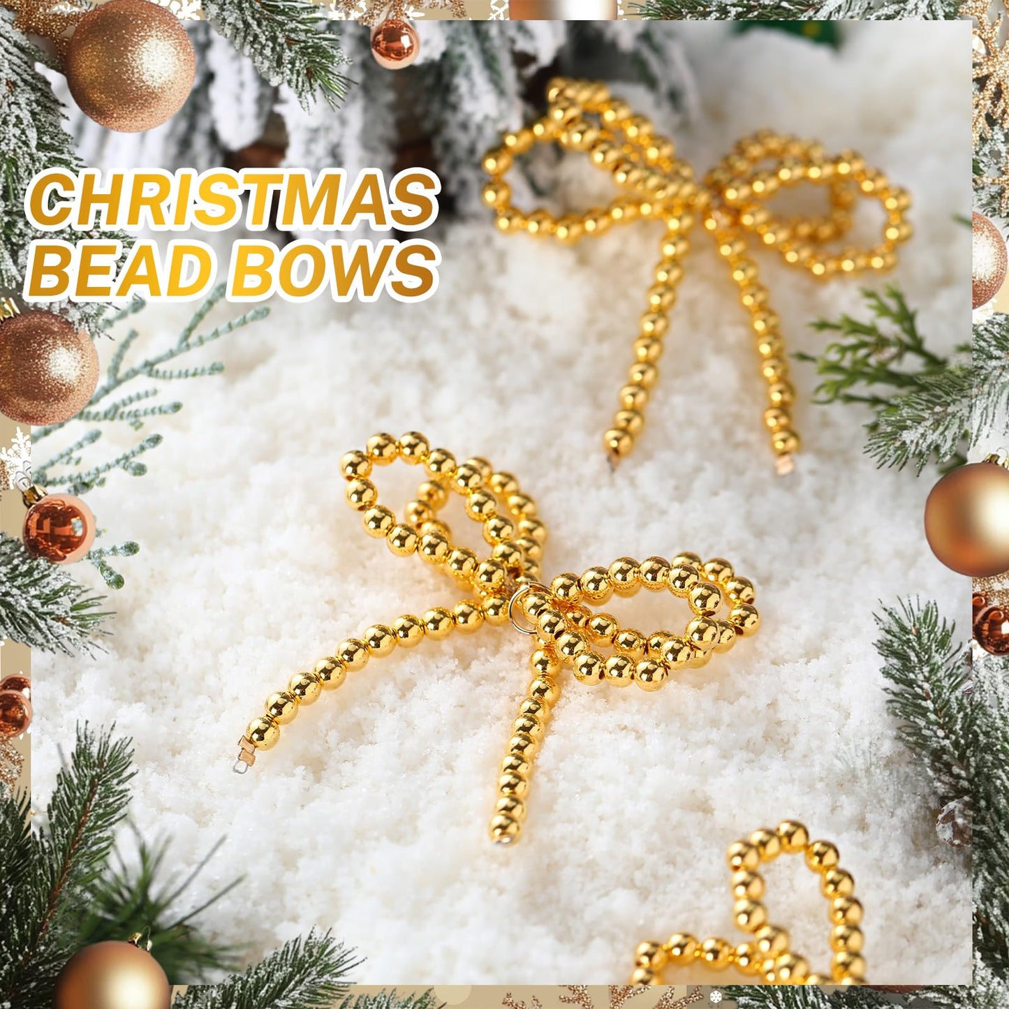 Arrowbash 12 Pcs Pearl Bow Christmas Tree Ornaments Gold Christmas Metallic Pearl Bead Bow Hanging Ornaments 3.15 x 3.54 Inches Pendant for Garland Wreath Gift Wrapping DIY Craft Holiday Decoration
