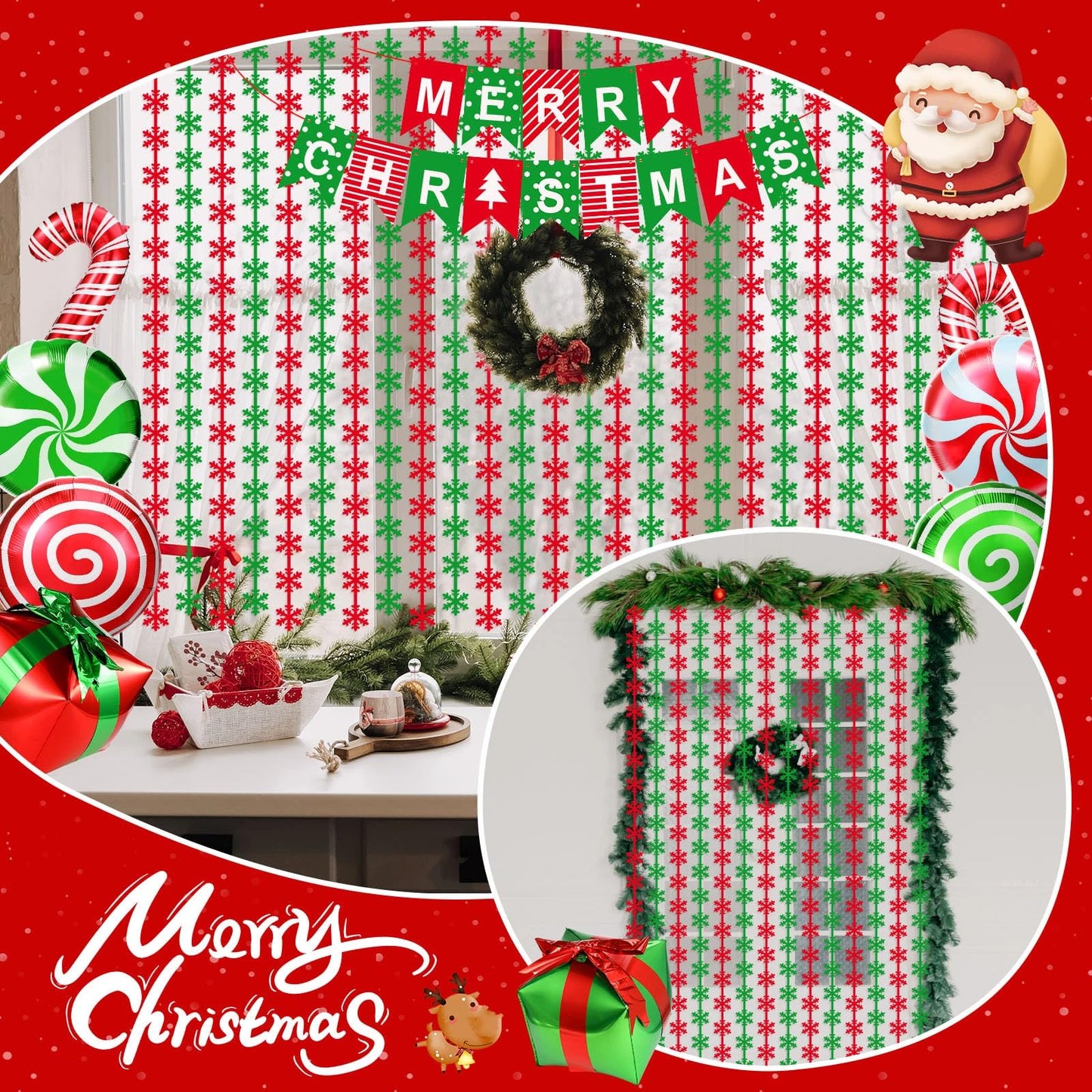 Blosssound 11PCS Christmas Decorations Set Xmas Foil Fringe Curtains Backdrop Christmas Banner Lollipop Candy Cane Balloon Red Green Snowflake Garland for Christmas New Year Ugly Sweater Party Decor