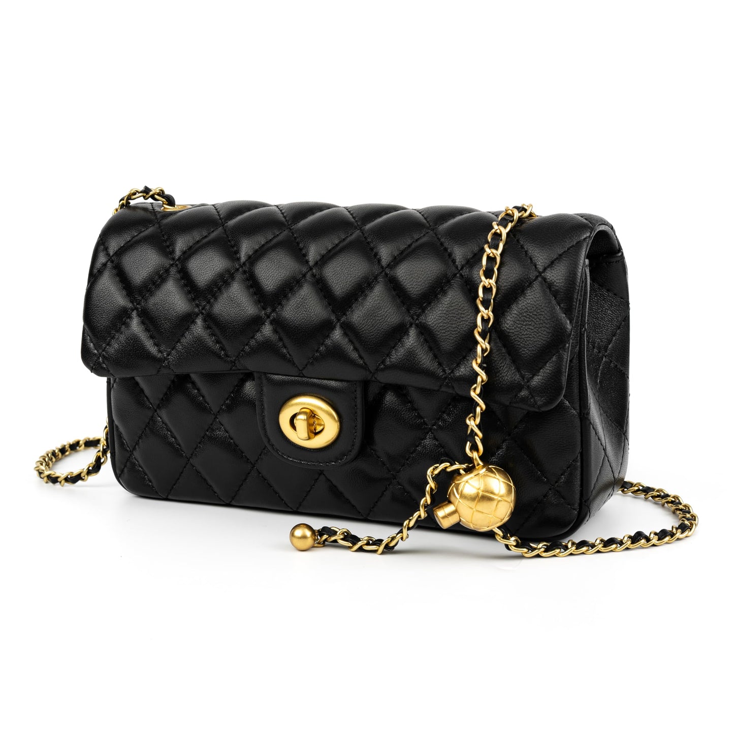 DORIS&JACKY Small Quilted Crossbody Purse for Women, Designer Lambskin Shoulder Cellphone Purse with Twist Lock and Chain Strap (Black)