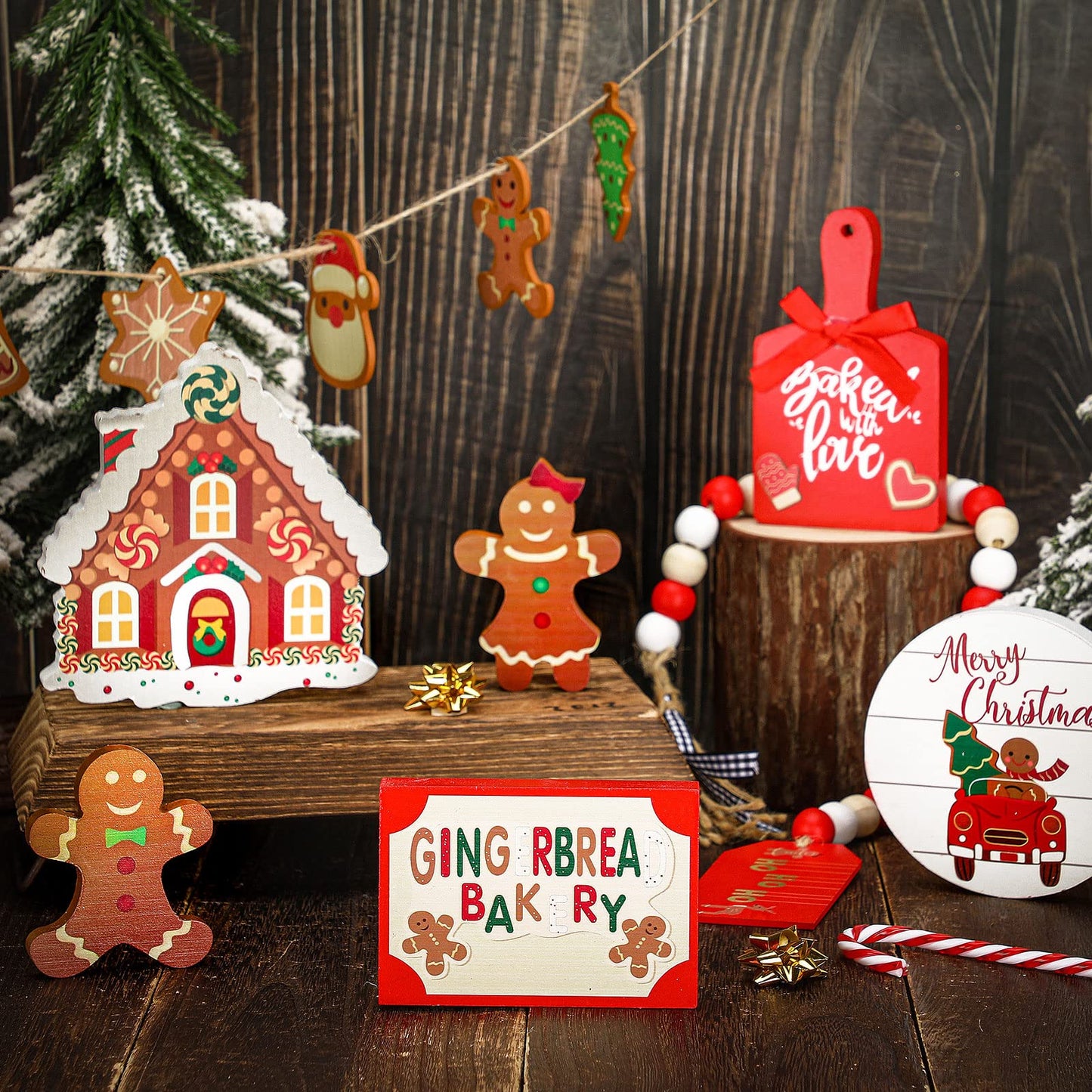 Bucherry 12 Pieces Christmas Gingerbread Tiered Tray Decor, Gingerbread House Xmas Tree Wooden 3D Signs, Winter Rustic Wood Farmhouse Tabletop Decorations for Home Table Shelf Centerpiece