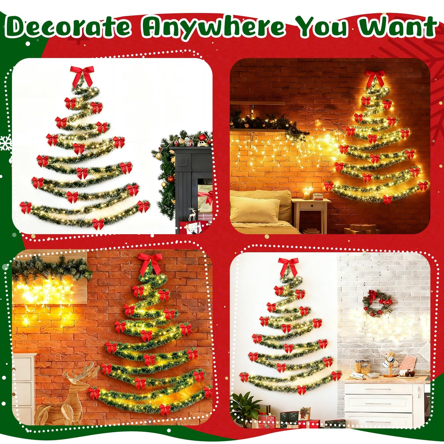 Christmas Tree Wall Decoration Artificial DIY Wall Mounted Hanging Christmas Tree with LED Light Garland Red Satin Bows Space Saving Xmas Decoration for Home Door Indoor Small Space Holiday Supplies