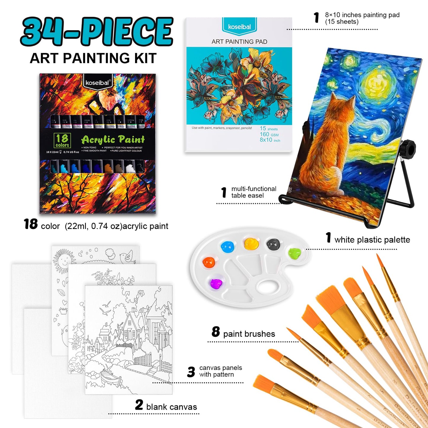 koseibal Acrylic Paint Set for Kids, Art Painting Supplies Kit with 18 Paints, 5 Canvas Panels, 8 Brushes, Table Easel, Etc, Premium Paint Set for Students, Artists and Beginner