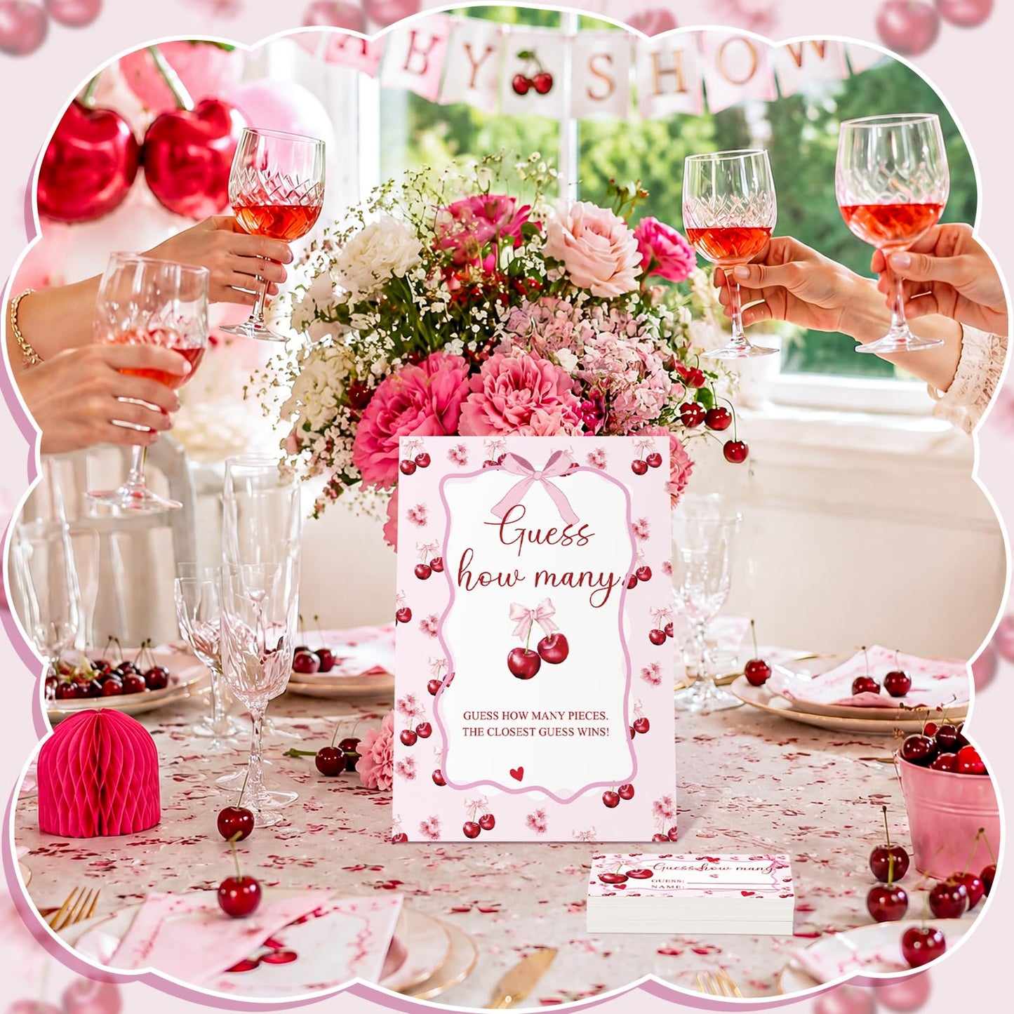 Lerheedi Cherry Bow Guess How Many Baby Shower Game Pack of 1 Tabletop Sign with Stand and 50 How Many Cards, Coquette Cherry Gender Reveal Party Game Decorations