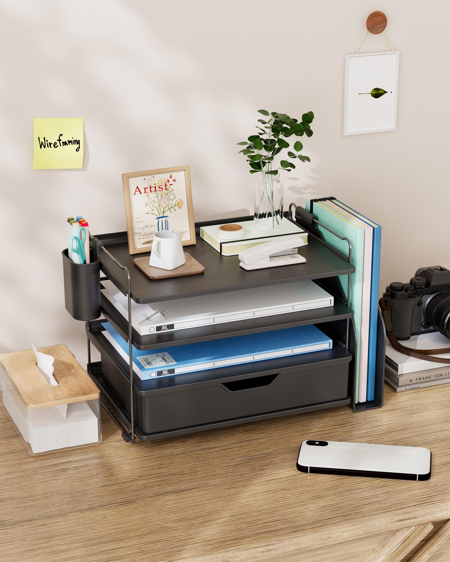 Kitsure Desk Organizer - 4-Tier Office Desk Accessories with Drawer & Pen Holder, Tool-Free Assembly Organizer with Non-Slip Pads, for Office Supplies Storage, Plastic, 13.3" x 8.0" x 10.8", Black