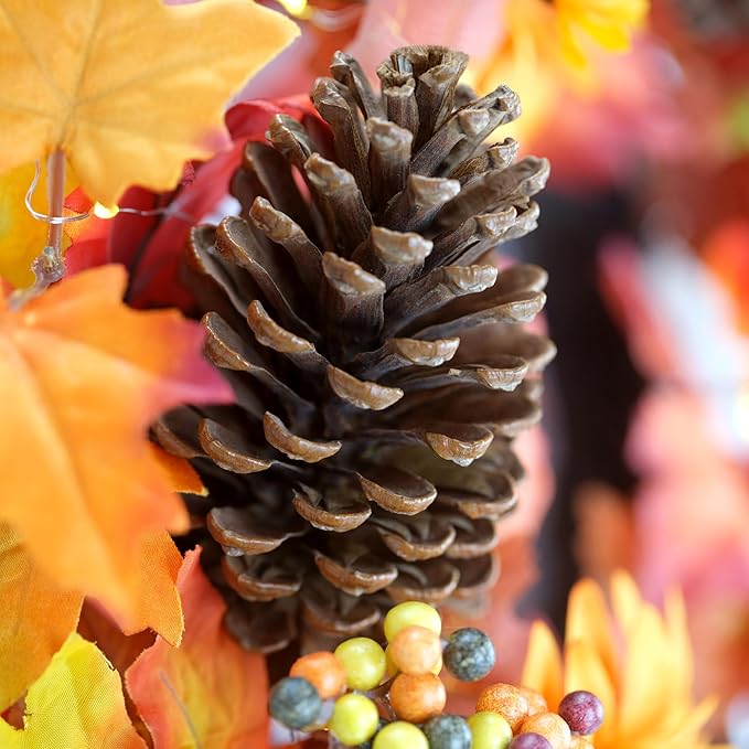 20-inch Fall Wreath, Battery Operated Autumn Wreath with 20 Fairy Lights, Sunflower, Pine Cones, Maple Leaves, Orange & Purple Berries