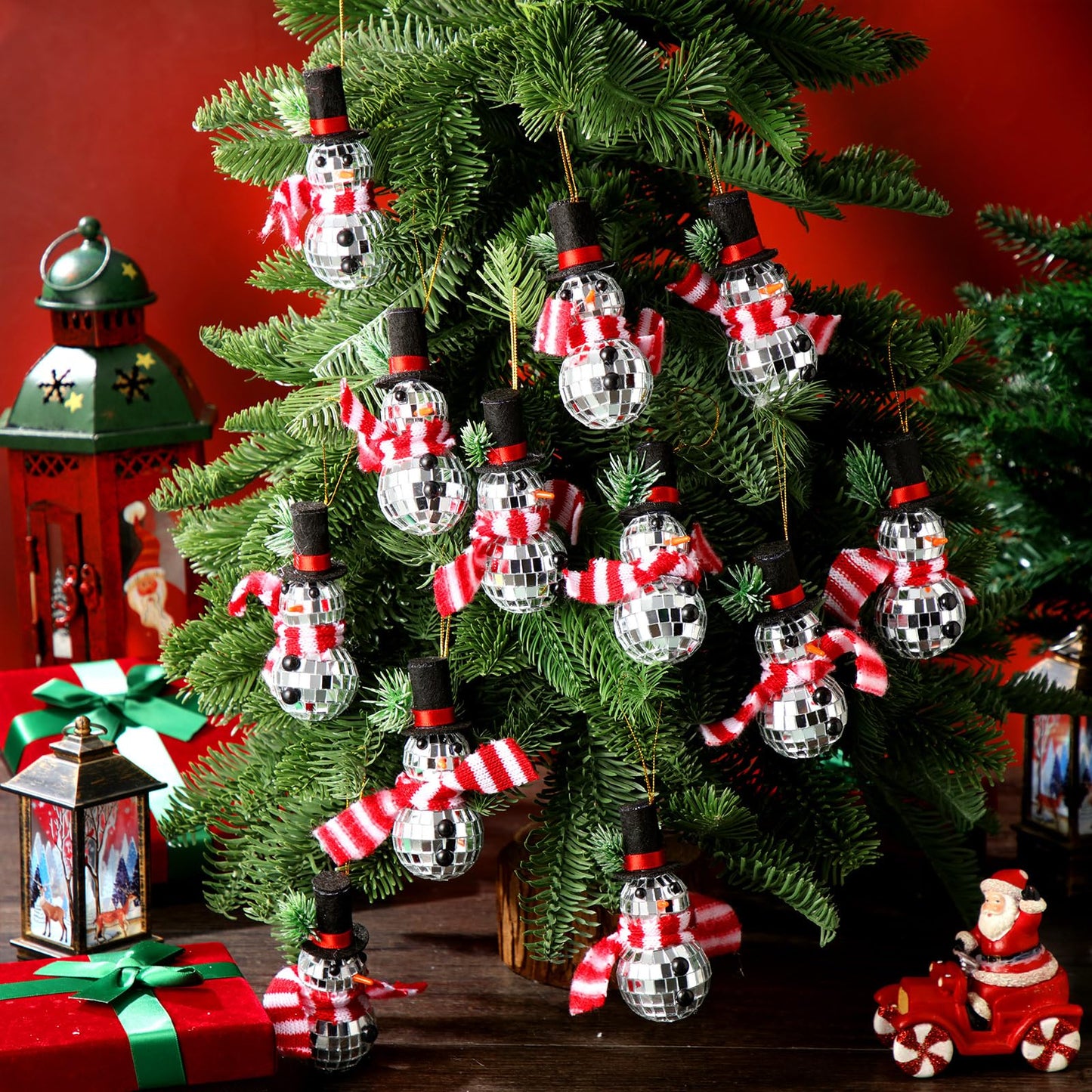 Quzzil 12 Pieces Christmas Snowman Hanging Disco Ball Decorations Reflective Mirror Snowman Hanging Ornaments with String Hats Disco Ball Decor for 70s Disco Themed Xmas Tree Wedding Party Supplies