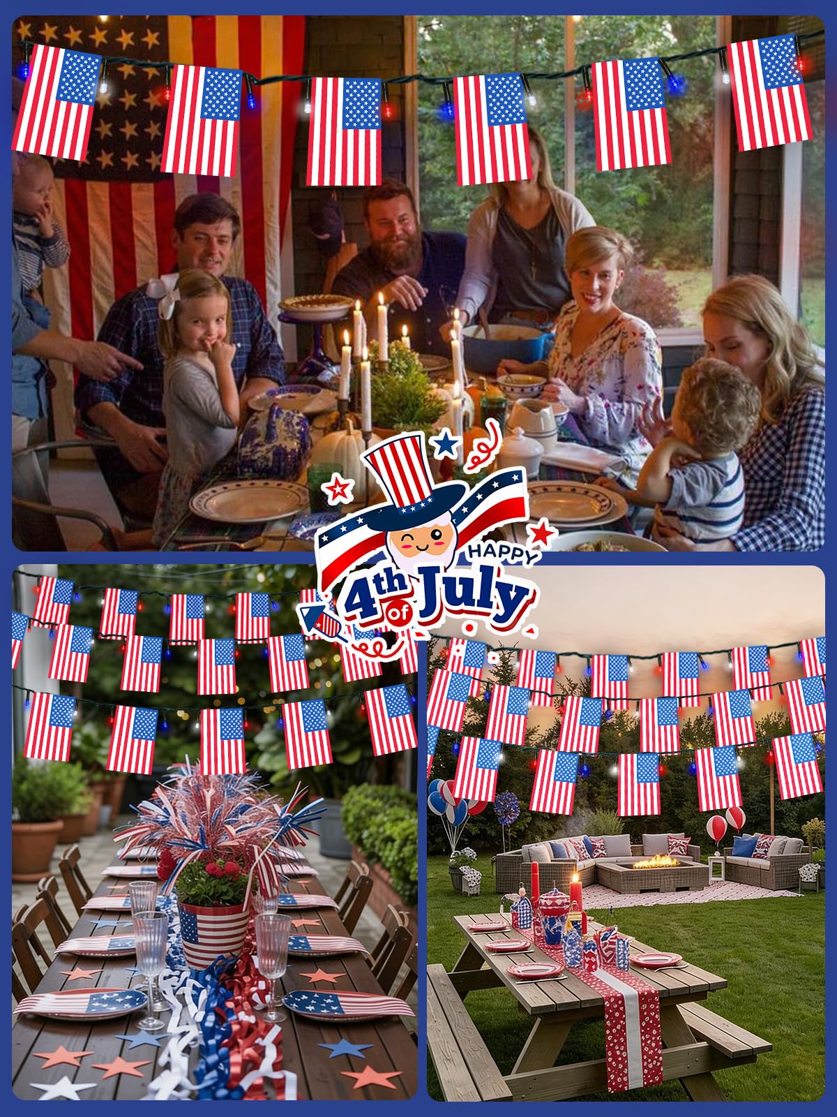 2 Pack 4th of July Decorations, Solar American Flag Lights Outdoor with 8 Modes, 37.6FT 50 USA Flags & 100 Red White and Blue LEDs Patriotic Lights Waterproof for Independence Day 250th Anniversary