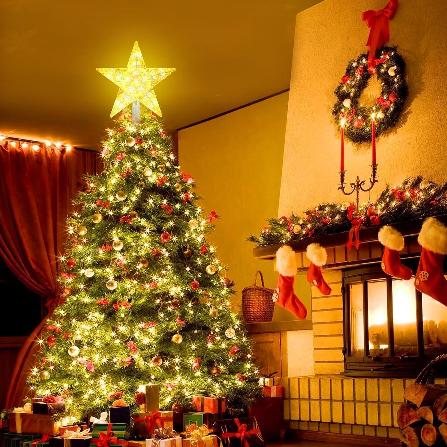 Christmas Tree Topper LED Lighted Star Tree Top APP Control, 5-Point Star RGB Night Light Treetop, Small Xmas Tree Decor for Christmas, USB Plug in/Wire 9.84Ft