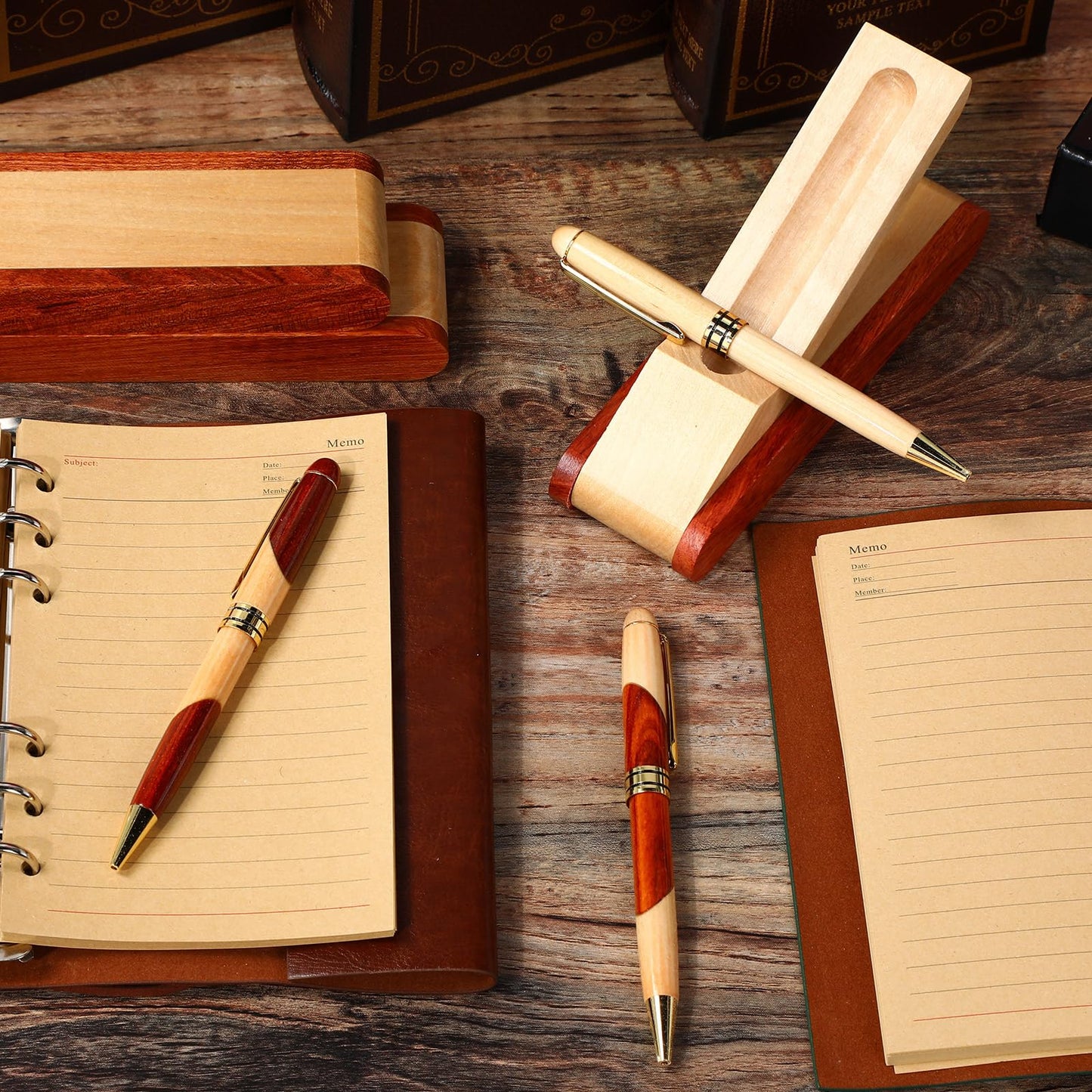 Zhanmai 3 Sets Wooden Ballpoint Pen Sets for Men Gift with Business Pen Case Display, Appreciation Gifts for Men Christmas Birthday Employee Office Supplies, Thank You Gifts for Dad Father