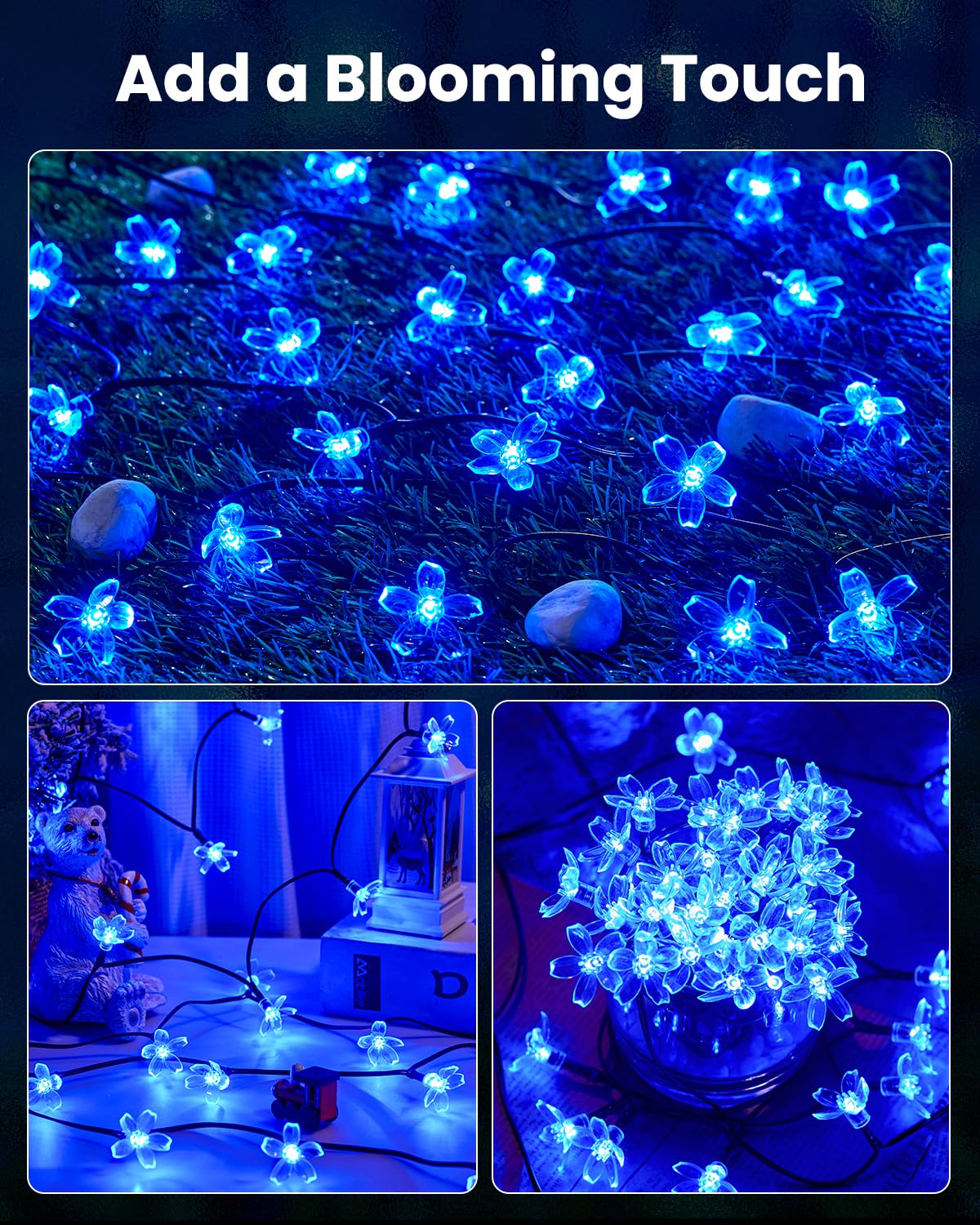 Brightown 60 LED Solar Flower String Lights for Outside Waterproof Fairy Lights for Garden Yard Fence Patio Christmas Tree Wedding Party Decor, Blue