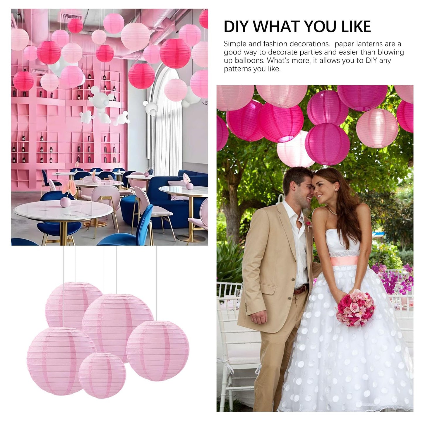 20Pcs Pink Paper Lanterns for Parties, 6” 8” 10” 12” Chinese Asian Hanging Round Paper Lanterns for Birthday Wedding Halloween Christmas Home Decor Party Decor