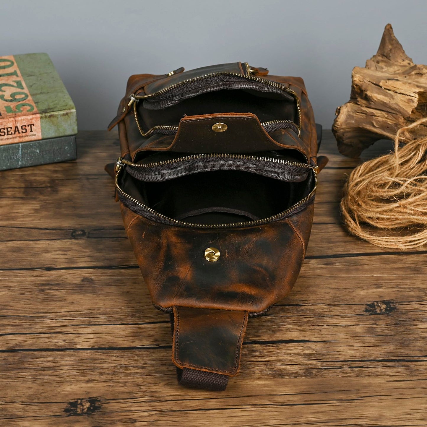 Handadsume Thick Crazy horse Leather Triangle Crossbody Sling Chest Bag Travel One Shoulder Bag Daypack For Men Male 3028 (8066 brown)
