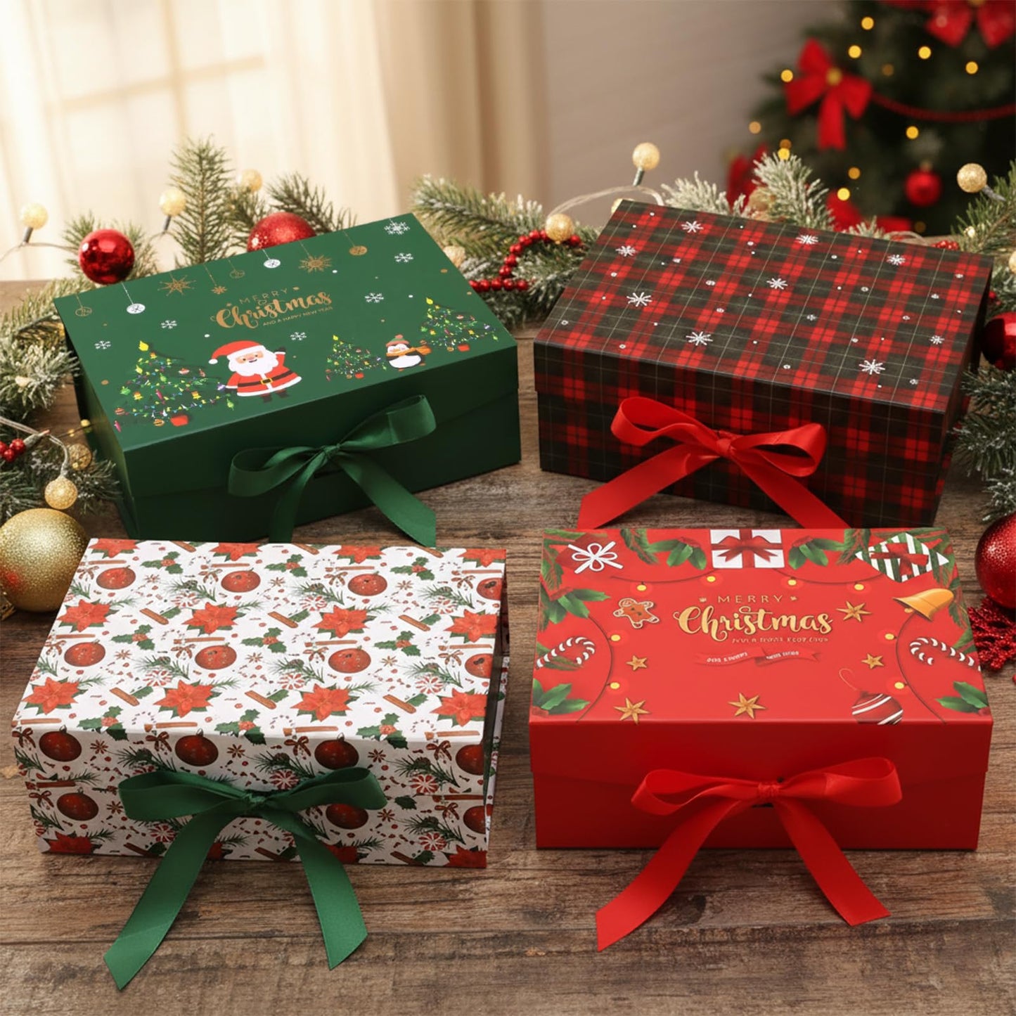 Dimore Christmas Magnetic Gift Boxes with Lids, Collapsible Hardboard Gift Packaging, Red & Green Holiday Boxes for Presents, 4 Pack (Multiple Sizes) (4Pack Christmas 9.5"*6.9"*4.2")