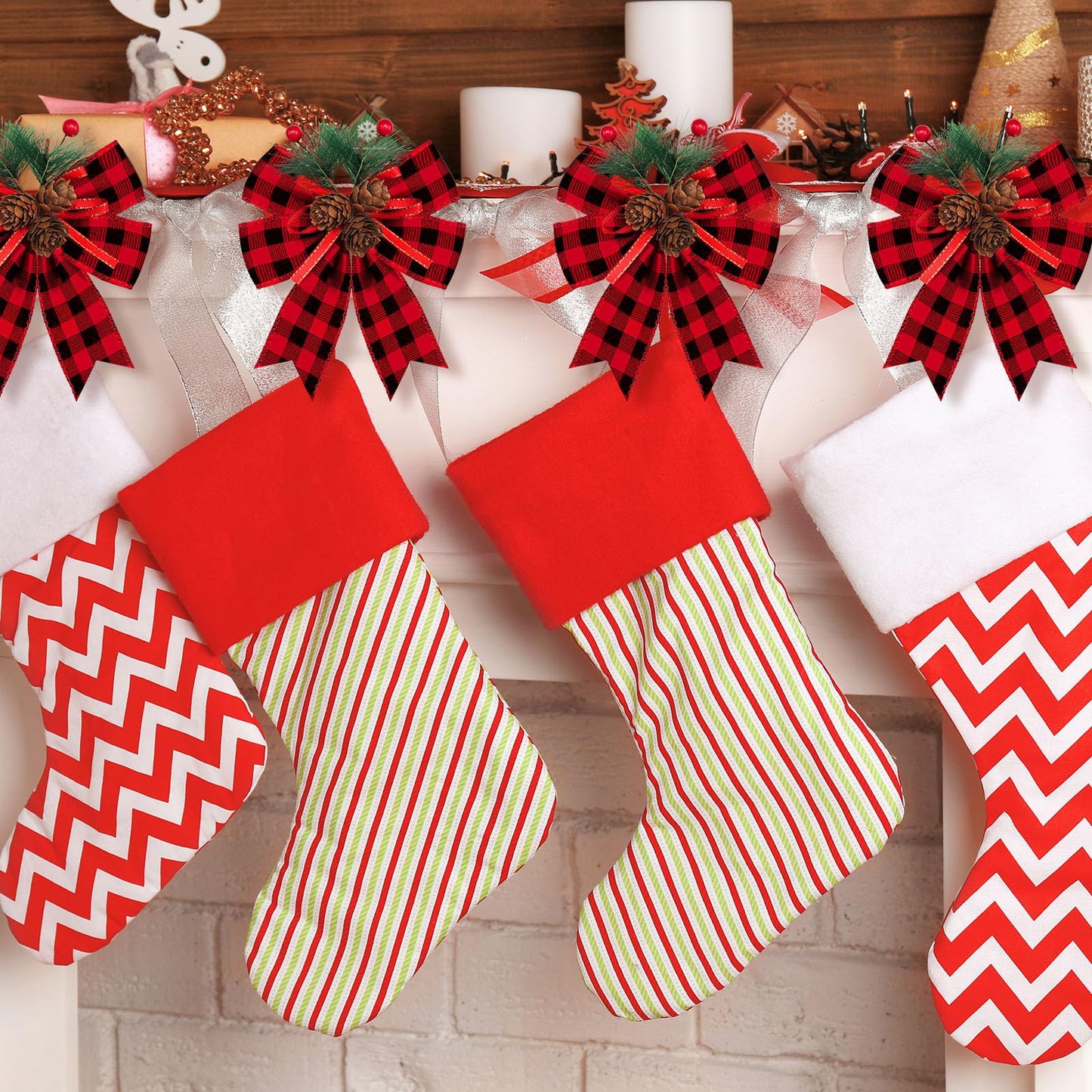 Syhood 6 Pcs Christmas Bows with Pine Cones Pine Needles Xmas Velvet Bows Black and Red Ribbon Christmas Tree Wreath Decoration for Xmas Parties Indoor Outdoor Crafts DIY Decor
