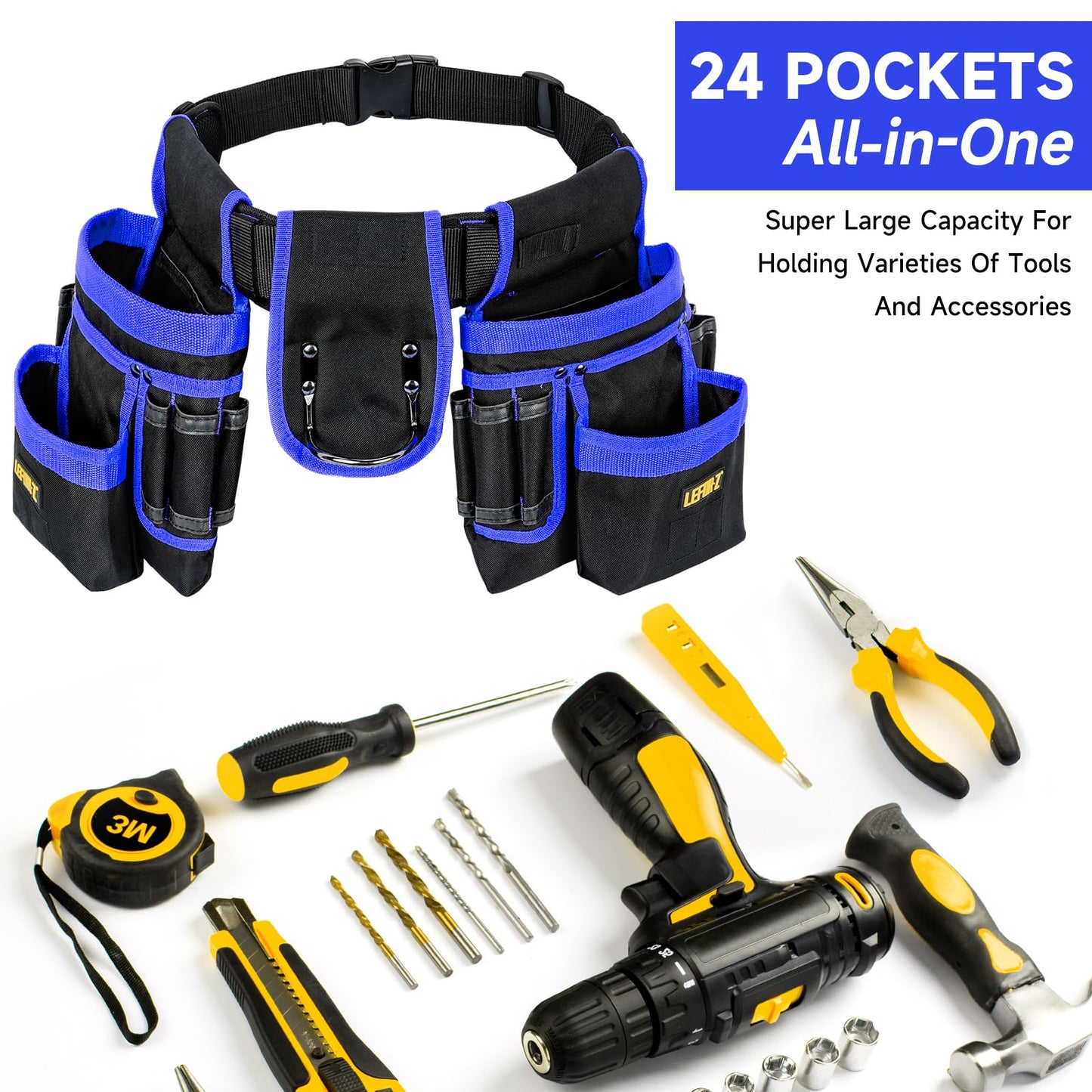 Tool Belt,Magnetic Tool Pouch,27-Pockets Heavy Duty Tool Belts for Men,Detachable Tool Pouch Bag for Electrician,Carpenter,Construction,Work Apron,Utility Belt,Valentines Day Gifts for Men,Black,Blue