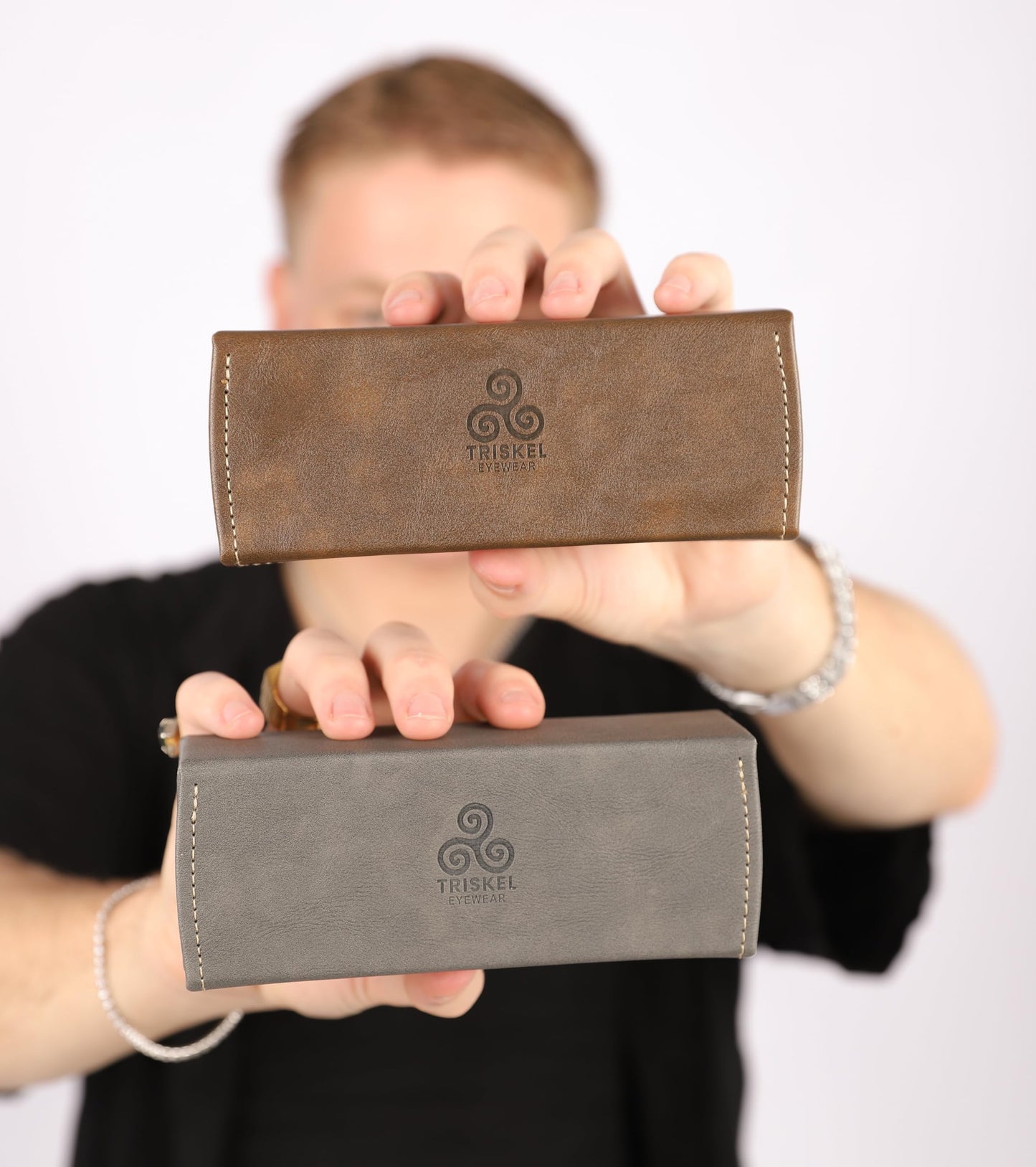 TRISKEL EYEWEAR Handmade Double Sunglasses Case, Premium PU Leather with Soft Flocking Lining (Warm Charcoal)