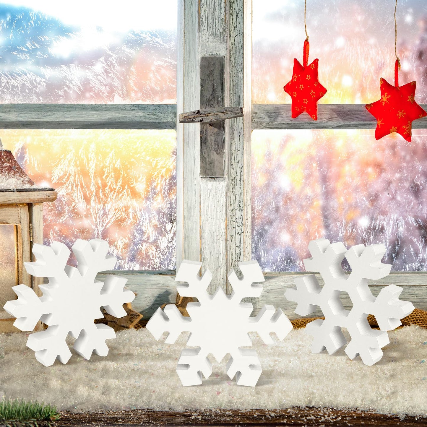 PAIVSUN 6Pcs Christmas Wooden Snowflake Decor Winter Snowflakes Table Signs Centerpieces Decorations Standing for Xmas Holiday Party Home Tabletop (White)