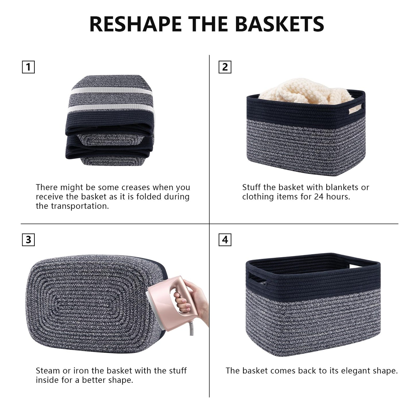 SIXDOVE 4 Pack Storage Baskets for Organizing, Woven Baskets for Shelves - Perfect for Toys, Books, Towels, and Clothes, Durable Gift Basket Bins Toy Storage, 12.7''L x9''W x7.8''H, Blue and Grey