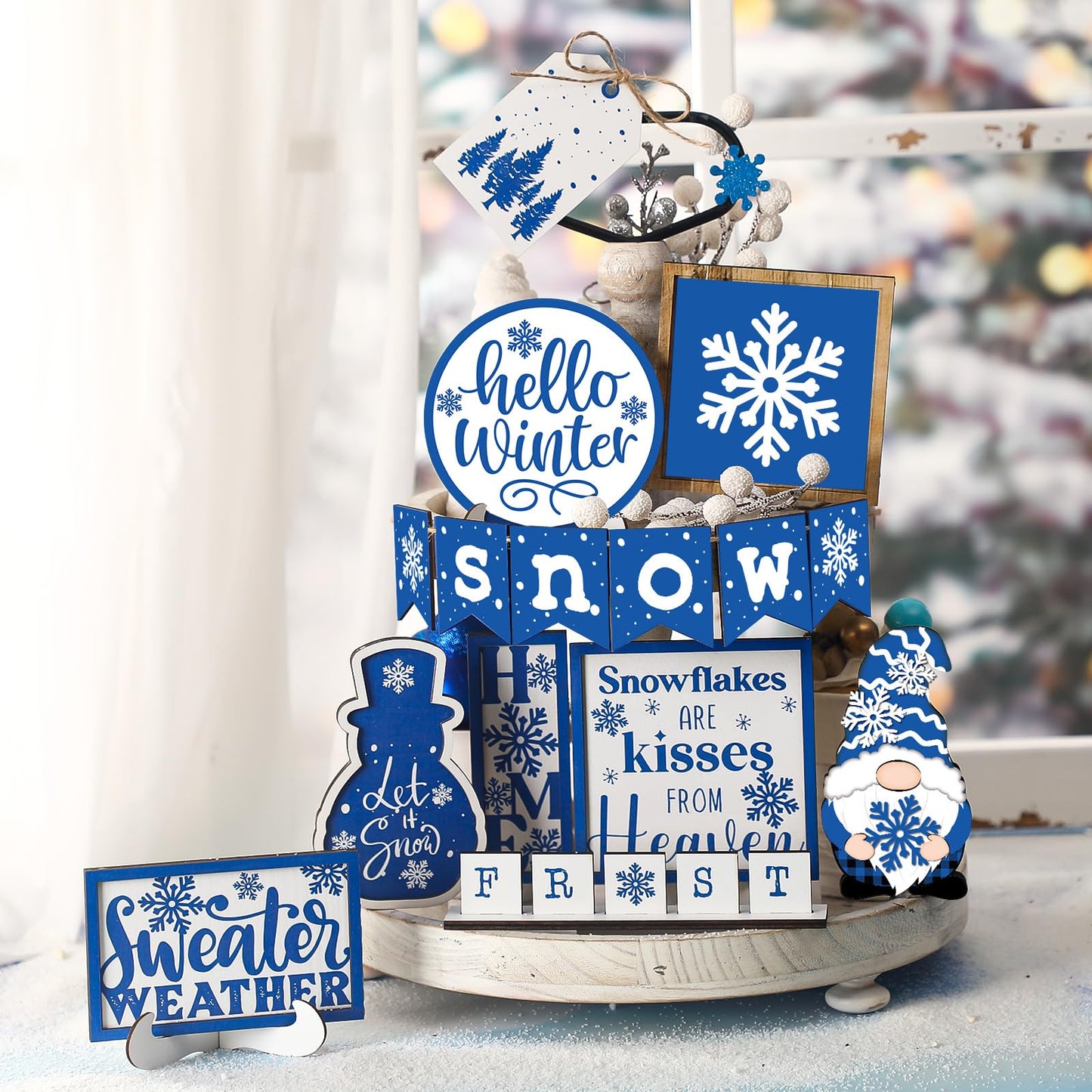 FairySandy Winter Tiered Tray Decor Set Hello Winter Snowman Wooden Signs Snowflake Decorations Rustic Farmhouse Blocks Sign for Home Table Harvest Holiday