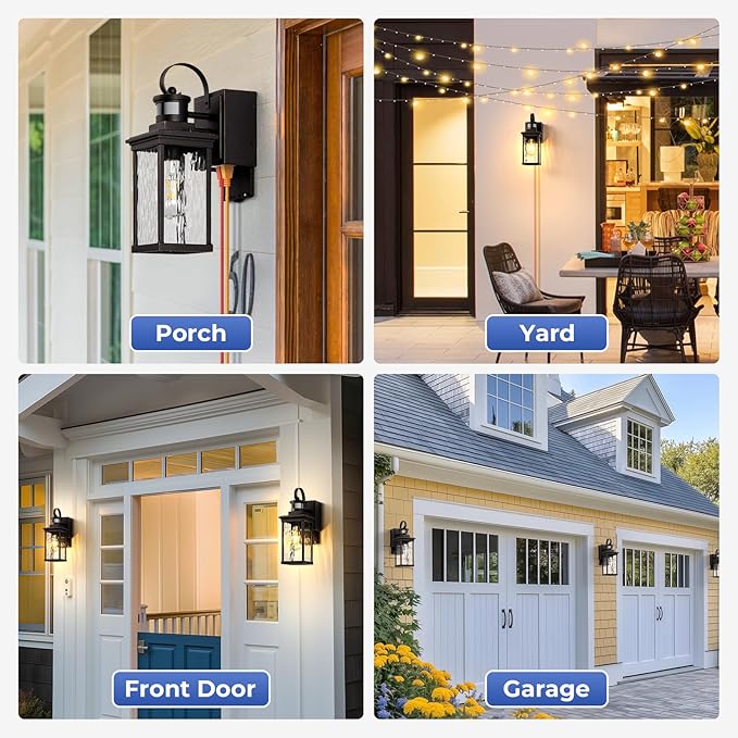 Exterior Lighting Fixtures Wall Mount for Garage with GFCI Outlet, Oil Rubbed Bronze Gold Trim Farmhouse Motion Sensor Porch Lights Outdoor, Outside Sconces for House with Water-Ripple Glass