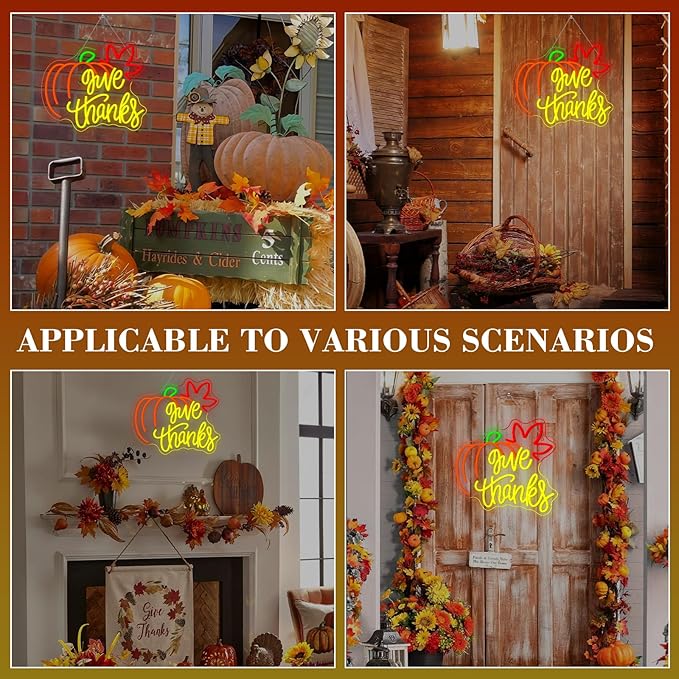 Give Thanks Neon Sign with Light Up Pumpkin LED Neon Light Fall Themed Pumpkins Decor for Bedroom Fall Wall Decor Gift for Teens and Adults