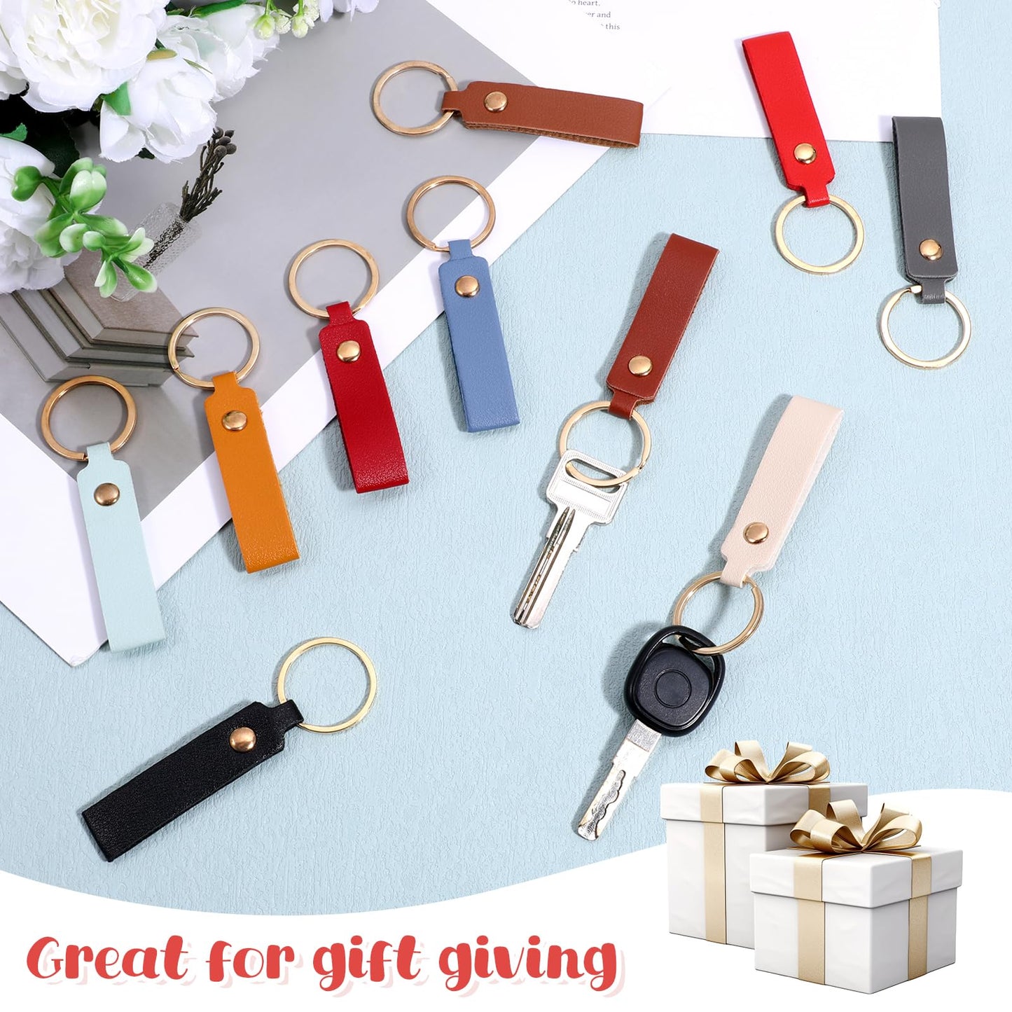 YQQYG 100 Pcs Leather Keychain Blanks Bulk for DIY Crafting, PU Leather Keychains with Metal Rings & Rivets for Engraving, Multicolor Key Chains Bulk
