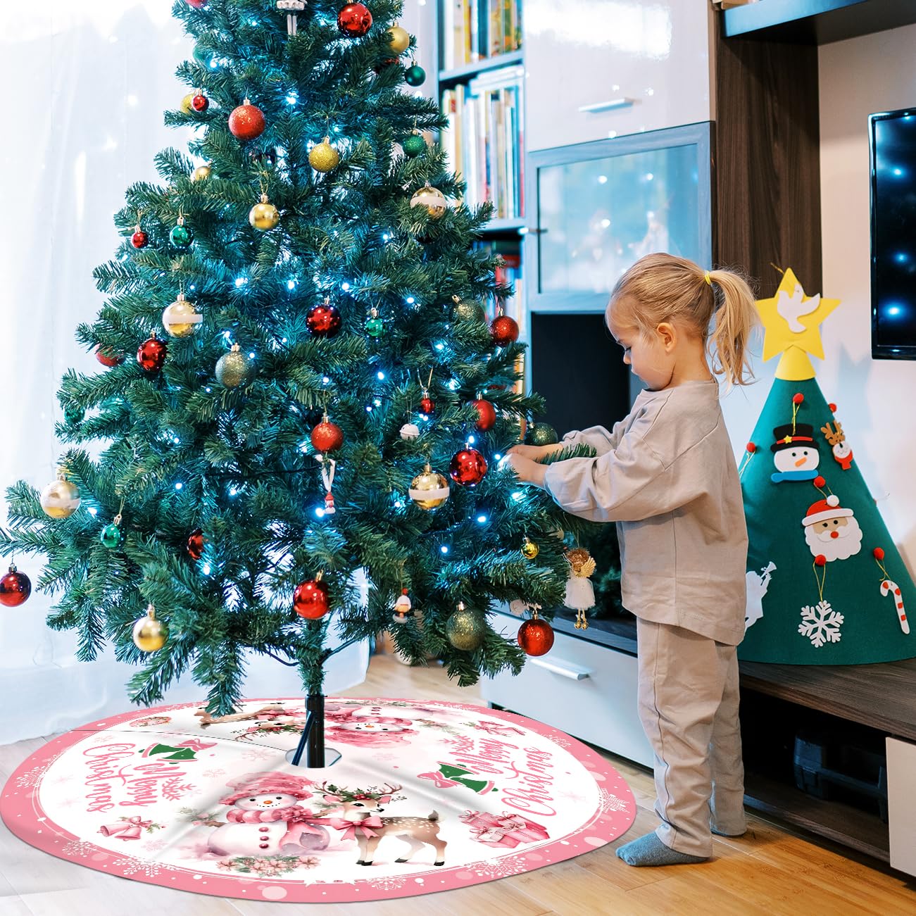 Pink Christmas Tree Skirt Merry Christmas Decoration Snowman Decoration 48 Inch Tree Skirt for Festival Party Decor Indoor Outdoor