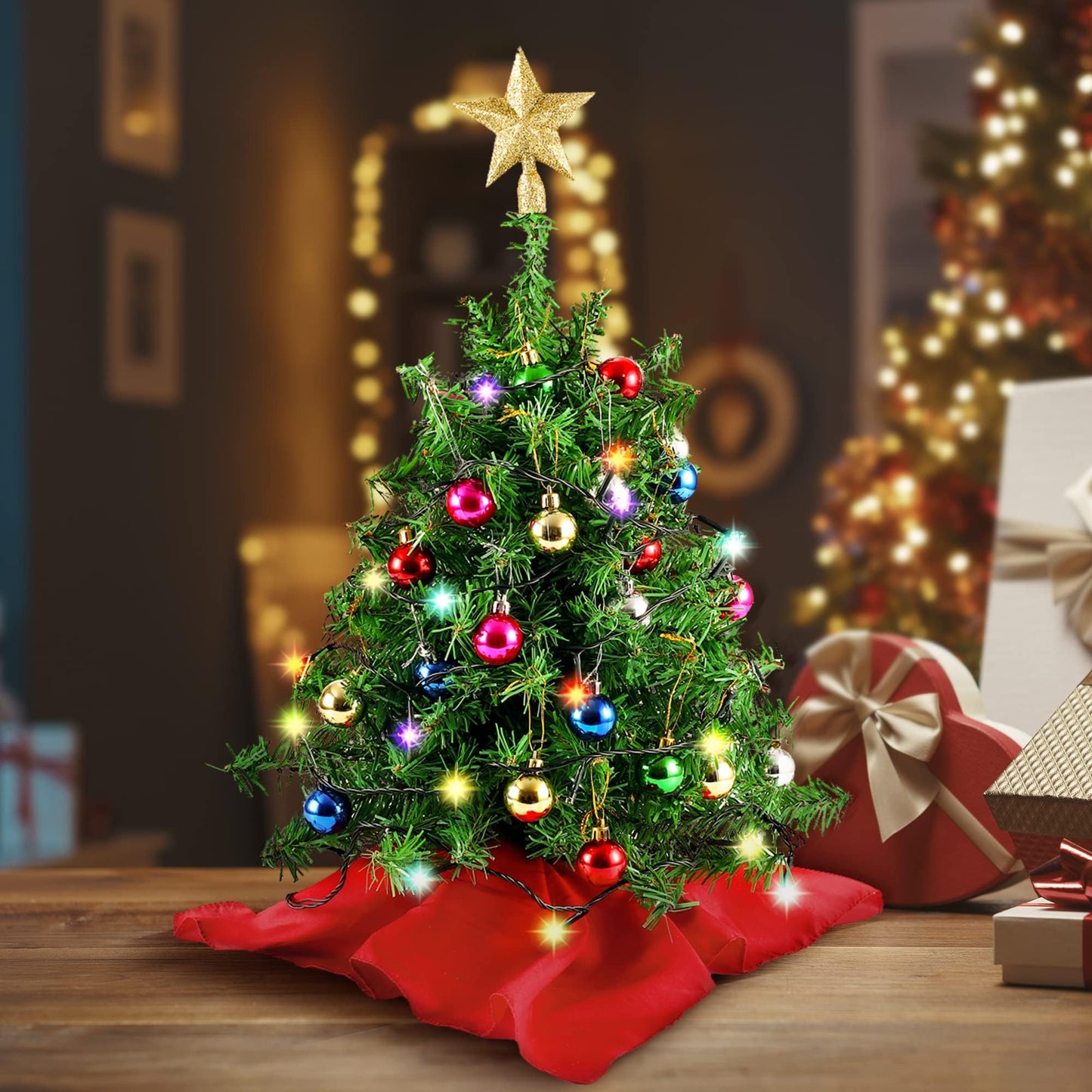 Joiedomi 24"/2FT Mini Christmas Tree Tabletop Set with Clear LED Lights, Artificial Mini Christmas Tree with Star Treetop and Hanging Ornaments, Best DIY Xmas Decorations