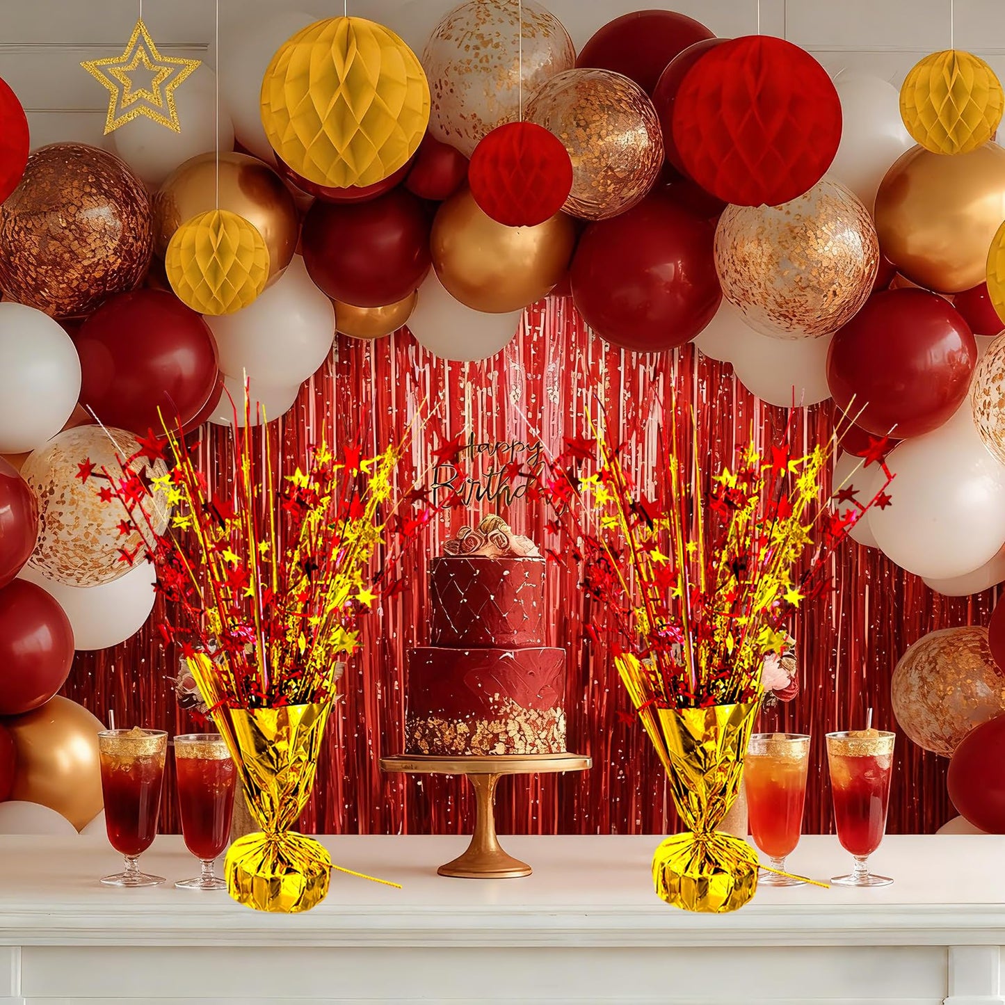 YinNorth 6 Pack Metallic Foil Spray Table Centerpiece Decoration Star Brust Glitter Table Topper Decor for Birthday Circus Casino Graduation Christmas New Year's Eve Party Supplies Red Gold
