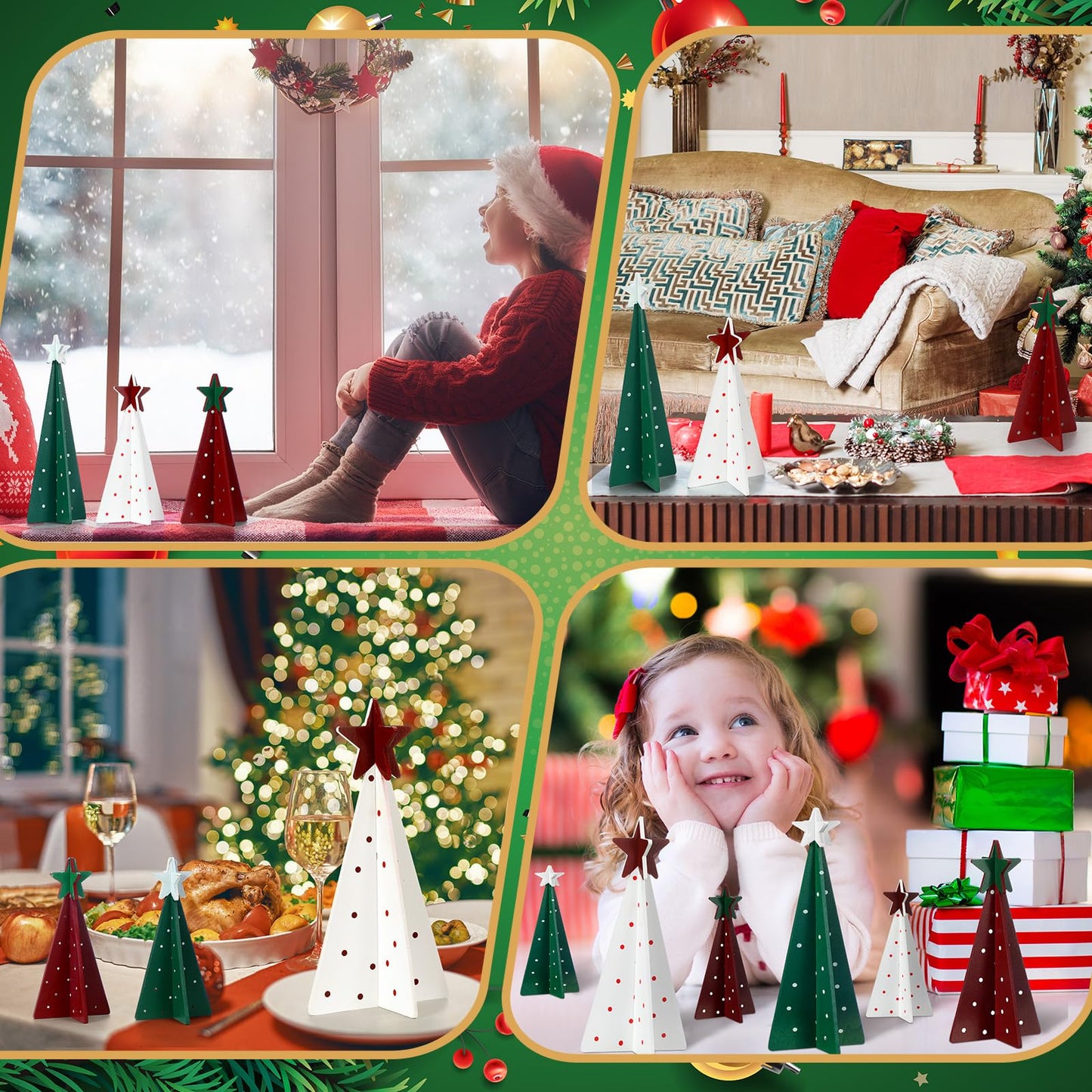 Maitys 12 Pcs Christmas Decoration 4 Sizes Wooden Tree Sign with Tabletop Star Decor Rustic Merry Christmas 3D Freestanding Engraved Trees for Home Table Centerpiece Shelf Mantel Fireplace Party Decor
