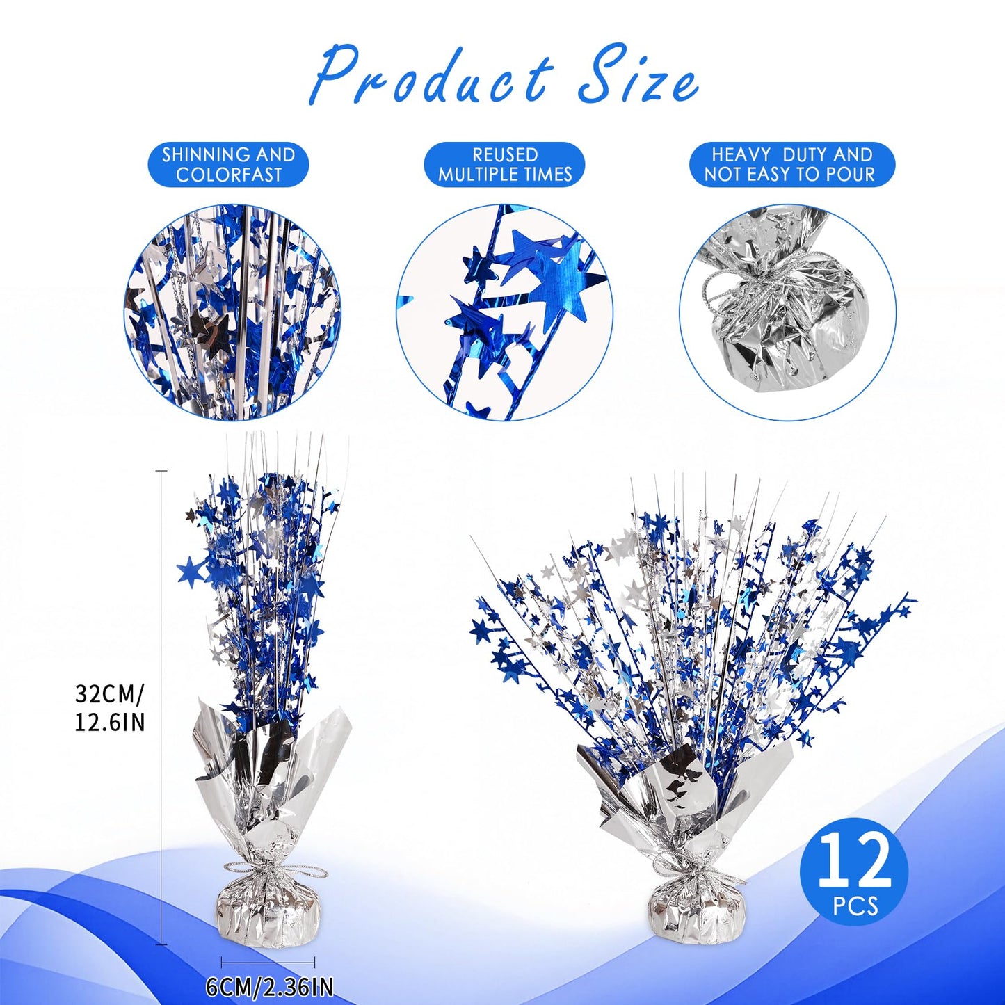 Metallic Foil Spray Centerpieces 12 Pack Star Table Decorations with Weighted Base, Metallic Starburst Table Centerpiece for Graduation 2026, Birthday, Party Decorations (Silver Navy Blue)