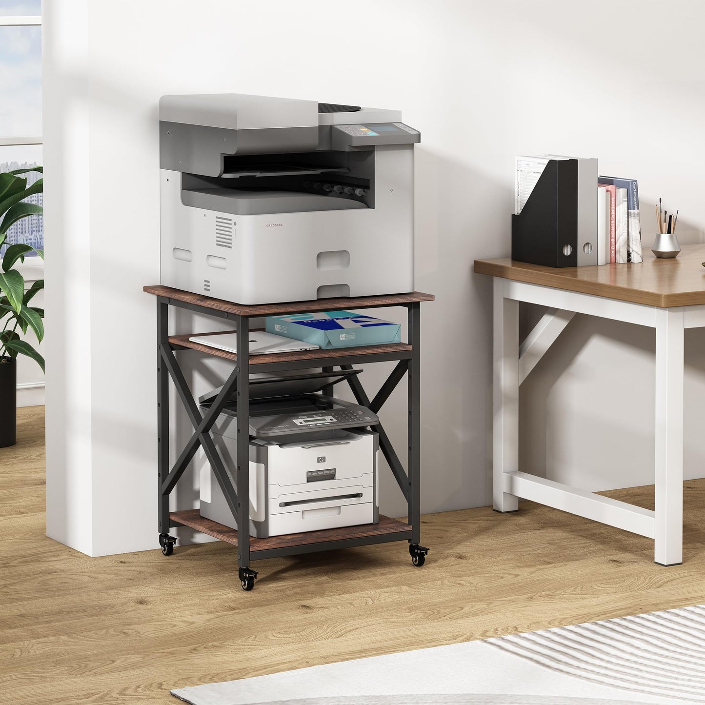 Fannova 23.6 x 23.6 Inches Large Printer Stand, 3 Tier Square Printer Table with Height Adjustable Storage Shelf, Rolling Printer Cart with Industrial Wheels for Home Office - Rustic Brown