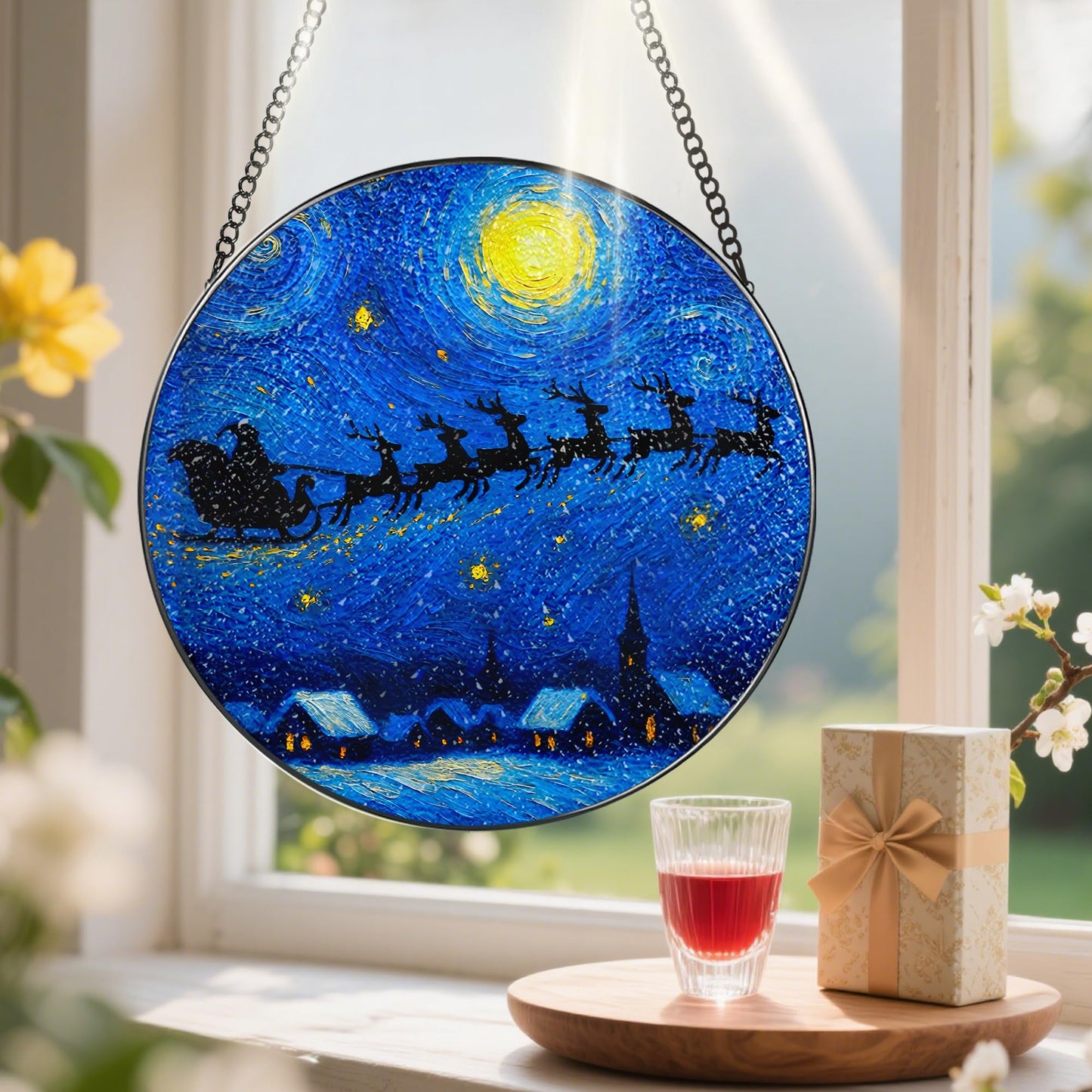 8-Inch Starry Night Santa Sleigh Stained Glass Window Hanging & Ornament: Stained Glass Suncatcher Ornament, Sun Catcher Window Decor – Gifts Exchange, Gift Idea, Gifts for Christmas & Holidays