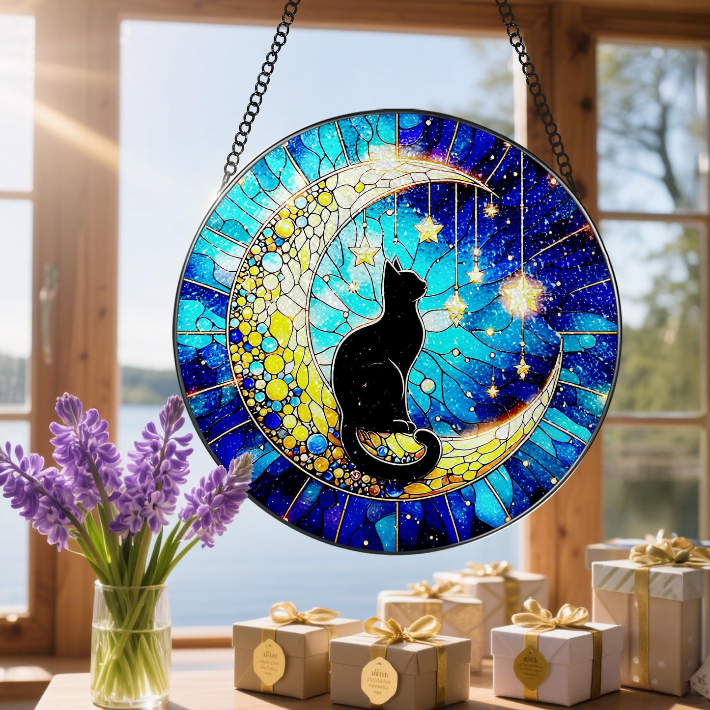 8 Inch Stained Glass Suncatcher Ornament, DOUHASU Black Cat Sun Catchers Indoor Window, Stained Glass Window Hanging, Indoor Decor, Home Decor Gift, Gifts for Cat Lovers, Pet Lover Gift