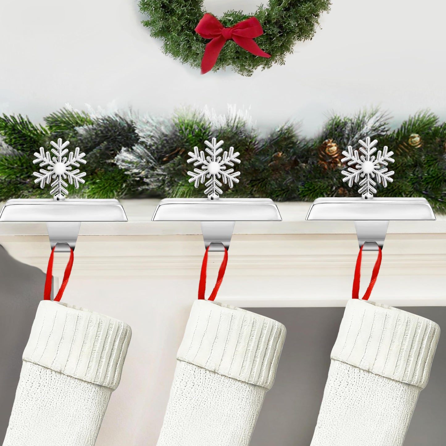 MNKXL Set of 4 Metal Christmas Stocking Holders for Mantle,Heavy Duty Weighted Stocking Holders for Mantle,Silver 3D Snowflake Stocking Holder for Tables Window Fireplace Christmas Decorations