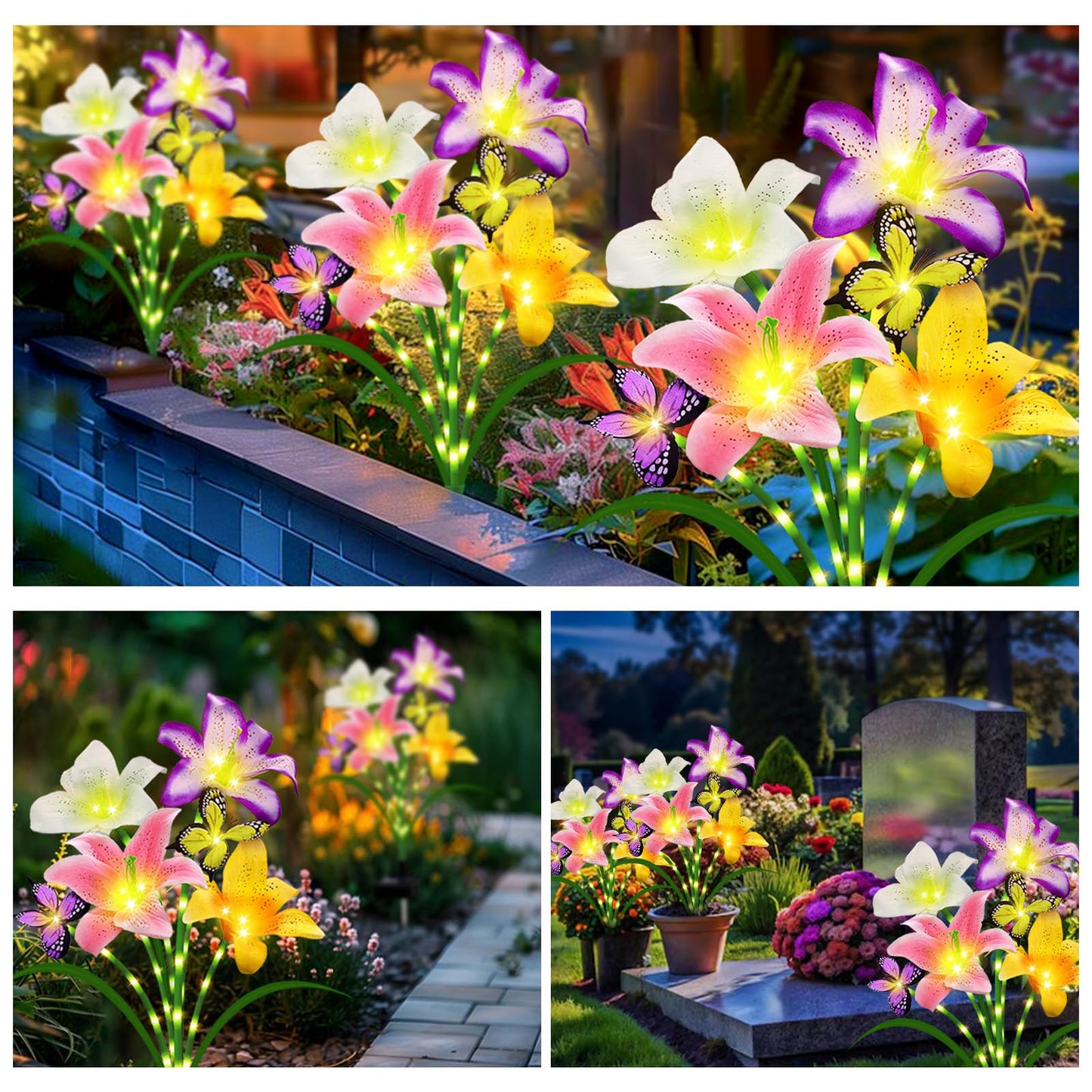 Solar Garden Lights 4 Pack 16 Lily Flowers with Butterfly Decor, Gifts for Mom Woman Mothers Day Birthday Solar Flower Lights for Outside - Decorative Lilies for Yard, Patio, Pathway