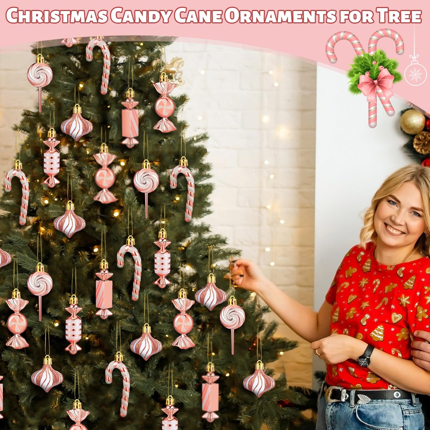 Realspring 30 Pcs Christmas Candy Ornaments Peppermint Candy Cane Christmas Decorations Plastic Lollipop Hanging Ornaments with Rope for Xmas Tree Party Holiday Supplies(Pink White)