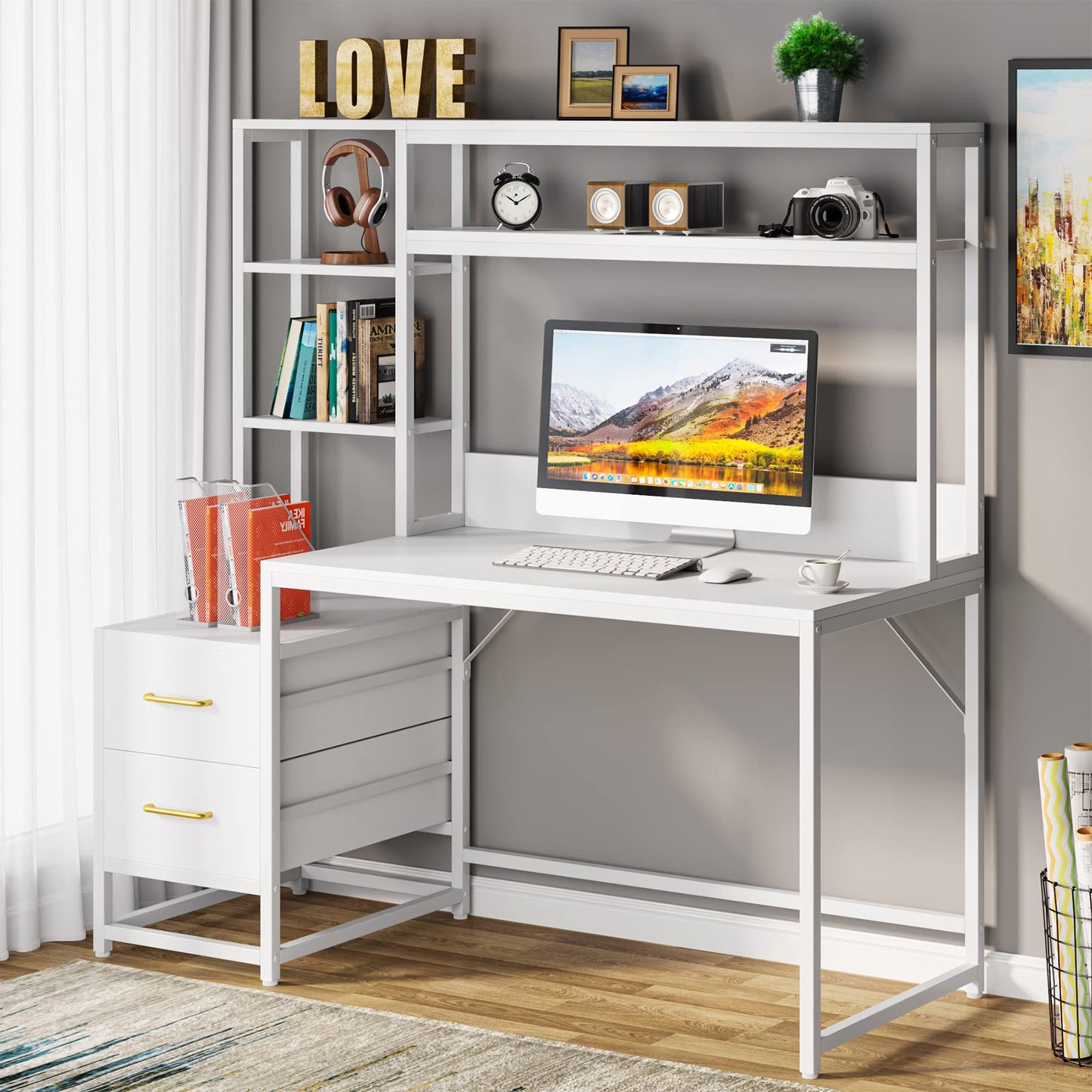 Tribesigns 55 Inch Computer Desk with 2 Drawers and Storage Shelves, Rustic Office Desk with Hutch, Study Writing Gaming Table Laptop Workstation for Home Office (White)