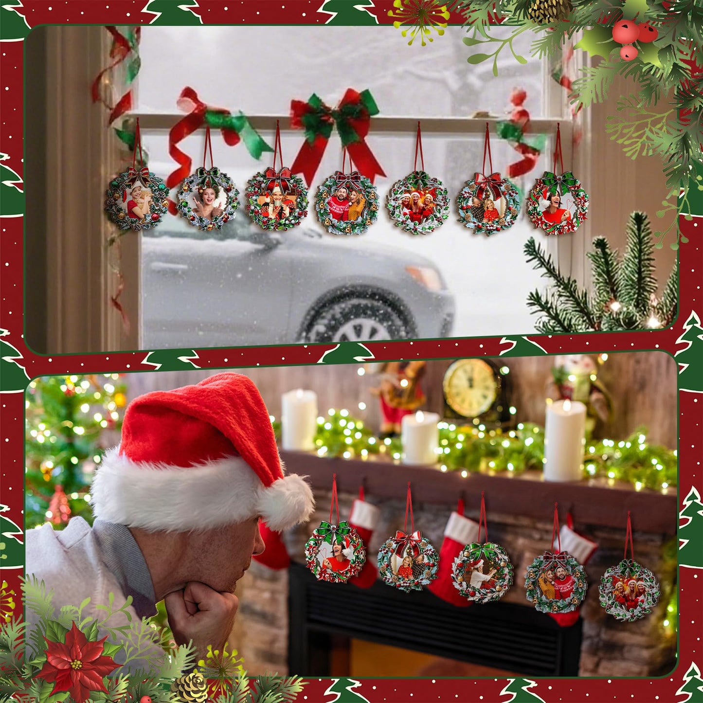 Yalikop 16 Pcs Christmas Photo Frame Ornaments Wooden Nutcrackers Santa Snowman Snowflake Picture Frame Tree Decoration DIY Photo Keepsakes for Xmas Party Decorations Winter (Wreath)